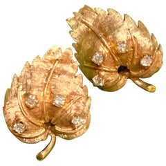 Diamond and 14 Karat Gold Leaf-Shaped Clip-On Earrings