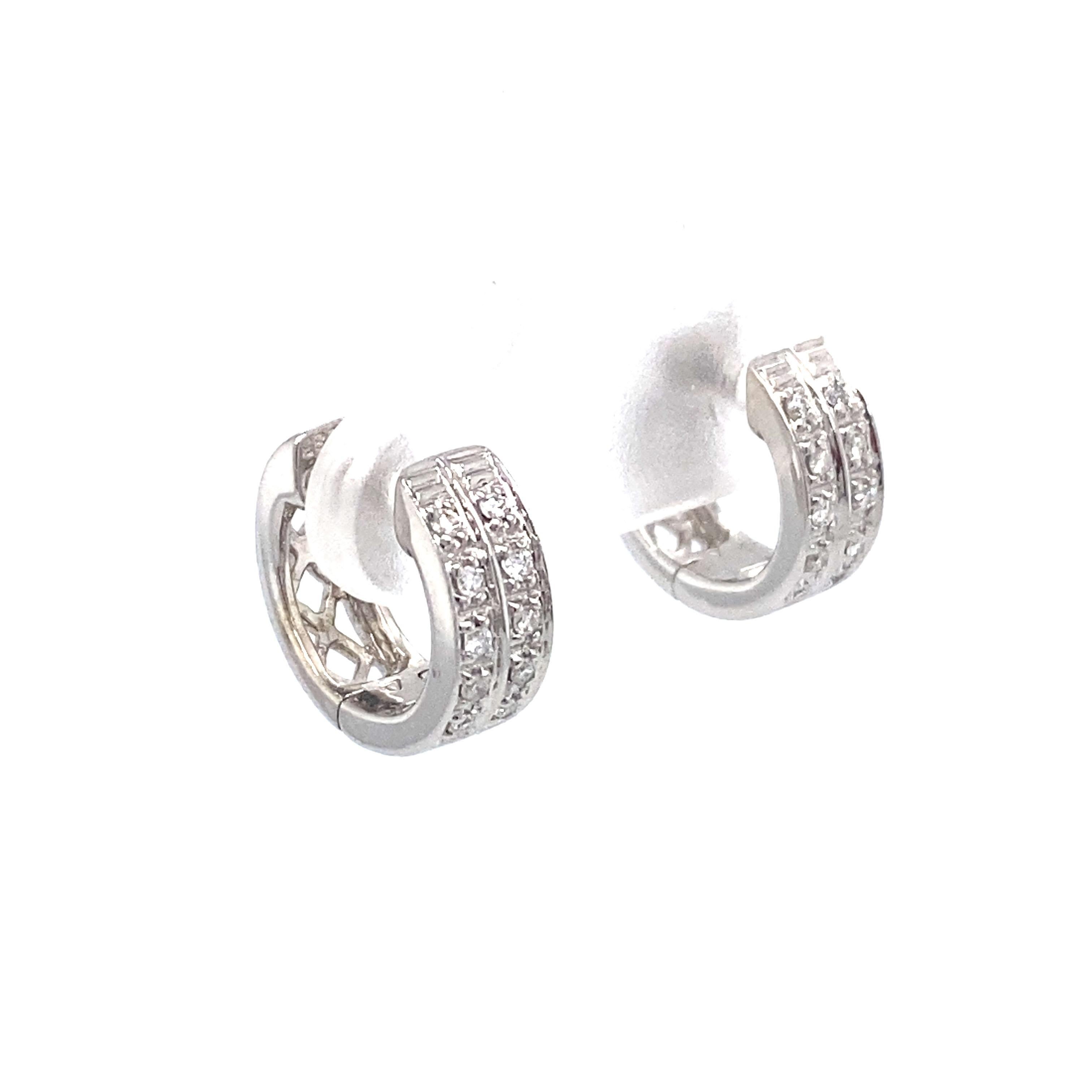 Round Cut Diamond and 14 Karat White Gold Mini Huggie Hoops For Sale