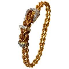 Vintage 14KT Yellow and White Gold Diamond Buckle Rope Chain Bracelet