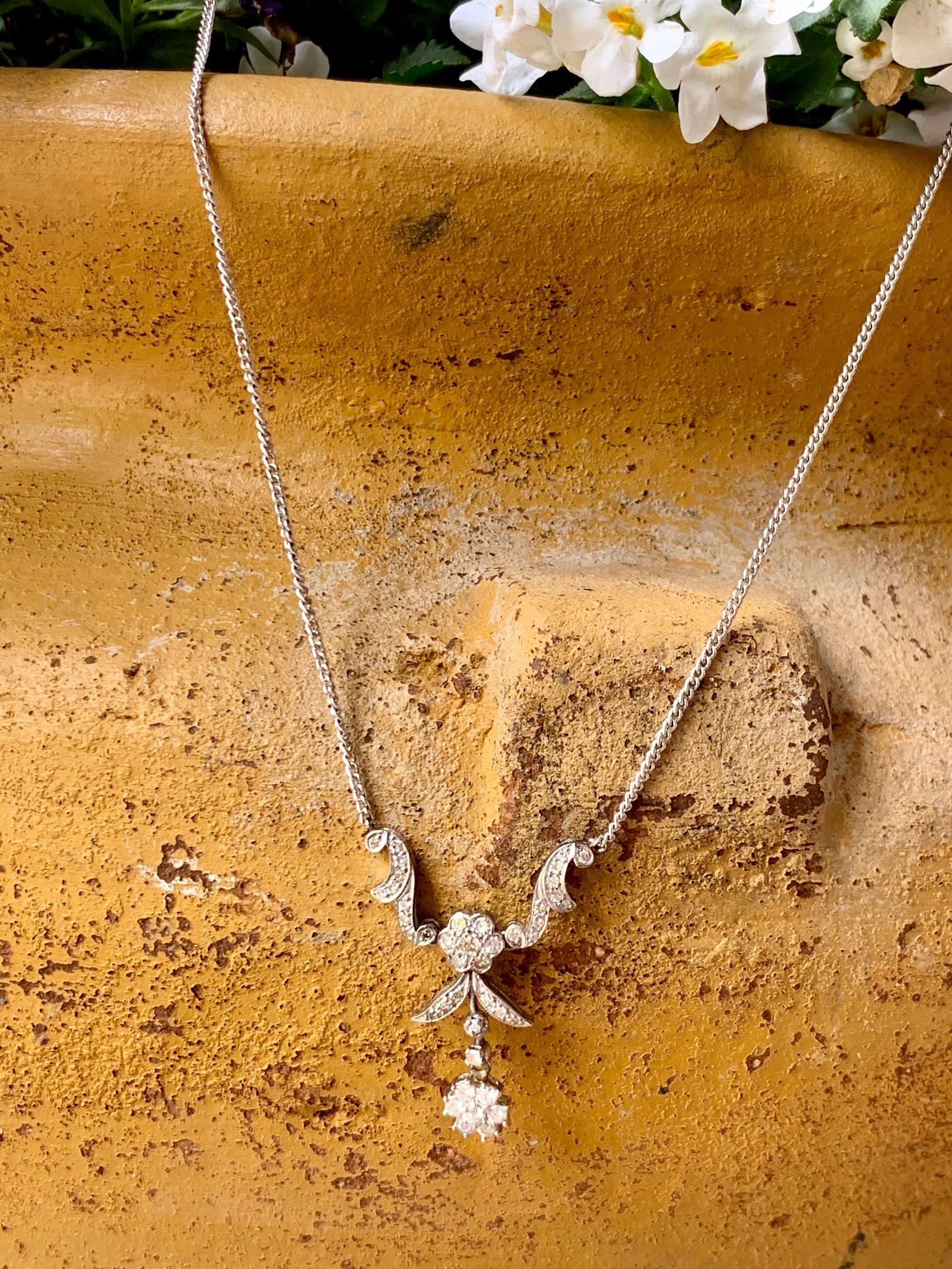 Single Cut Diamond and 14 Karat White Gold Pendant and Necklace