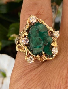 Diamond and 15 Carat Emerald Beryl Crystal Mineral Ring 14 Karat Yellow Gold