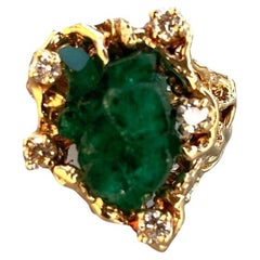 Diamond and 15 Carat Emerald Beryl Crystal Mineral Ring 14 Karat Yellow Gold