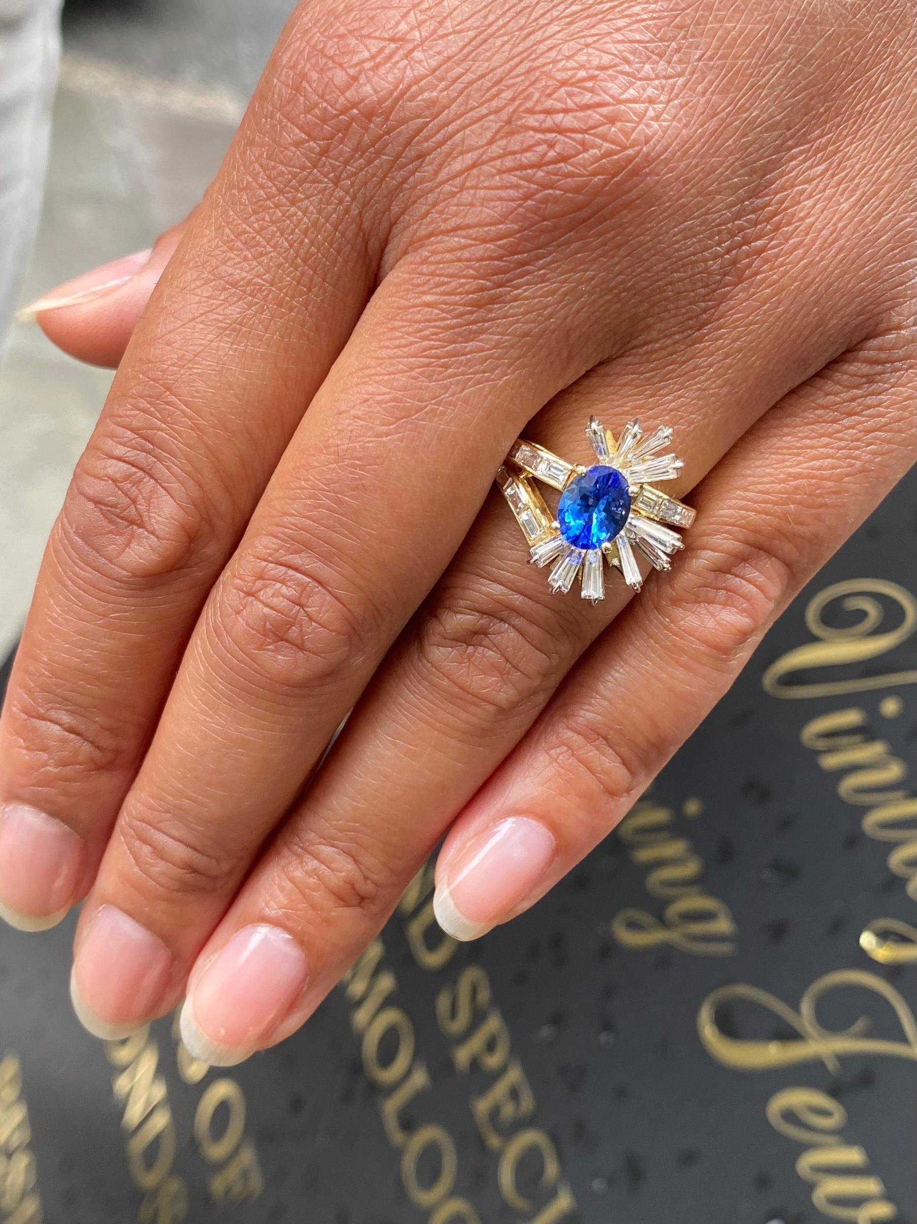 Oval Cut Diamond and 1.77ct Blue Sapphire Mid-Century Dress Ring in 18ct Yellow Gold For Sale