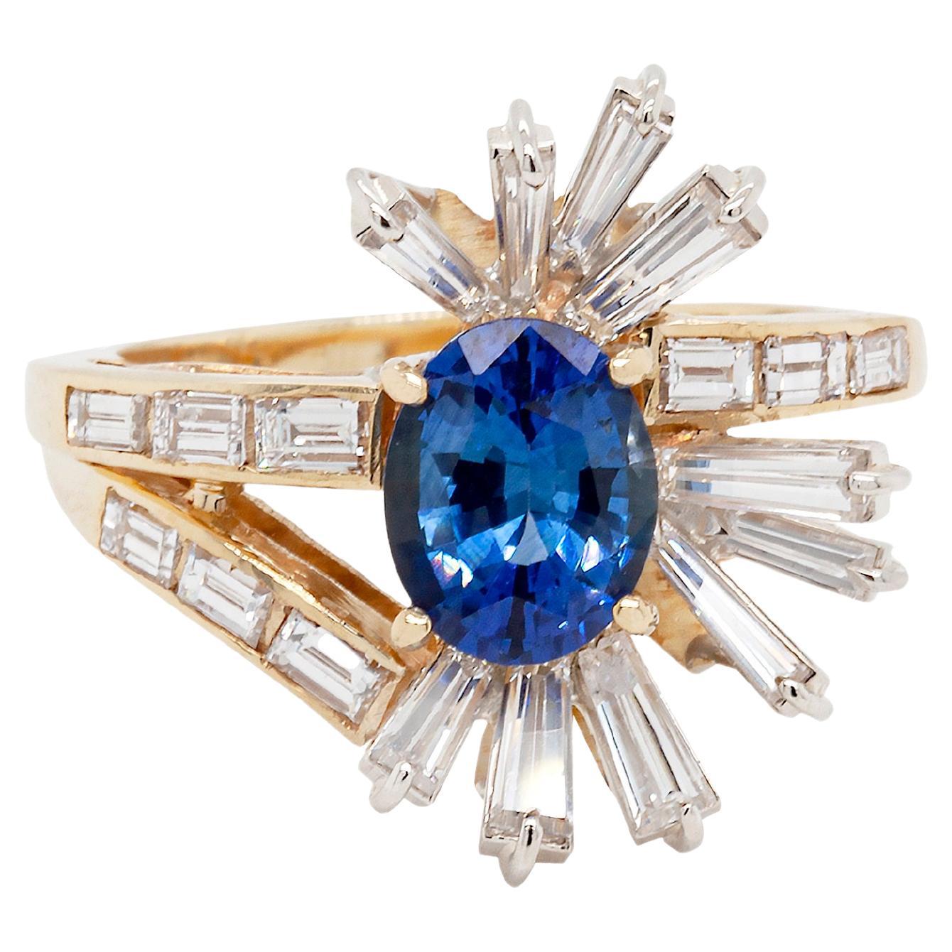 Diamond and 1.77ct Blue Sapphire Mid-Century Dress Ring in 18ct Yellow Gold For Sale