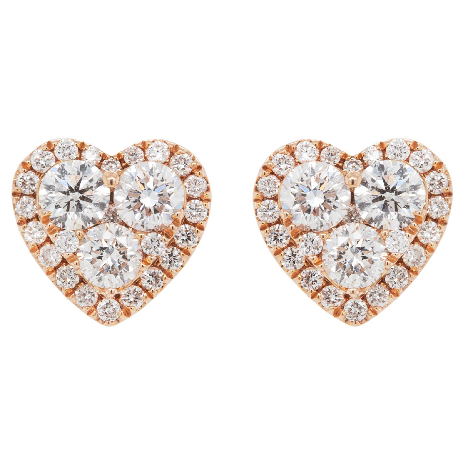 Diamant und 18 Karat Roségold Herzform Halo-Cluster-Ohrstecker mit Diamanten