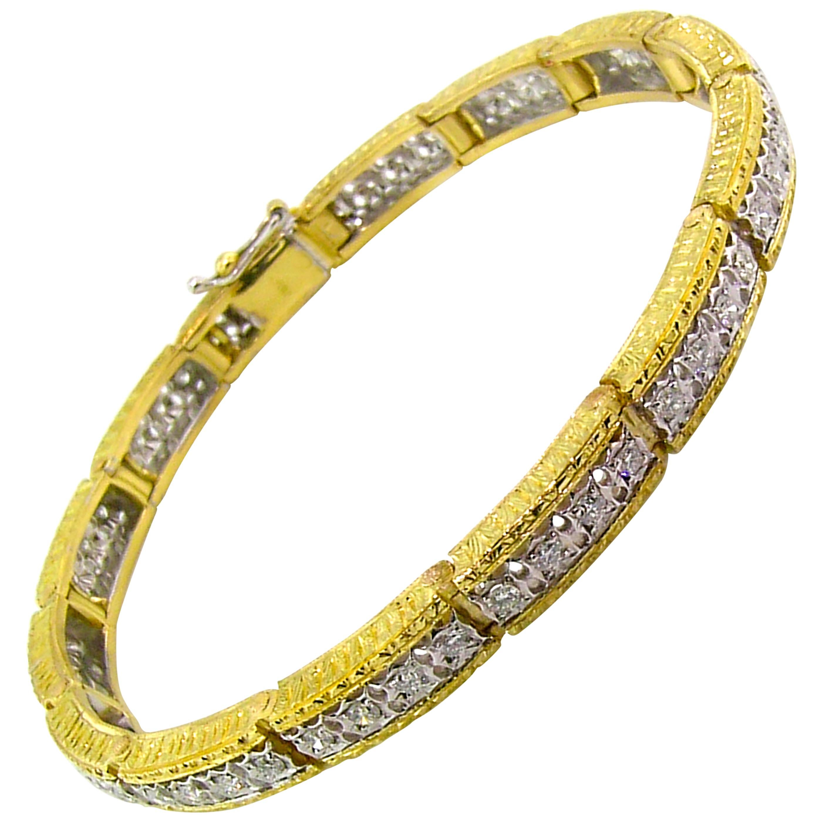 18kt Gold and Diamond Florentine Engraved Bracelet, Handmade in Italy For Sale