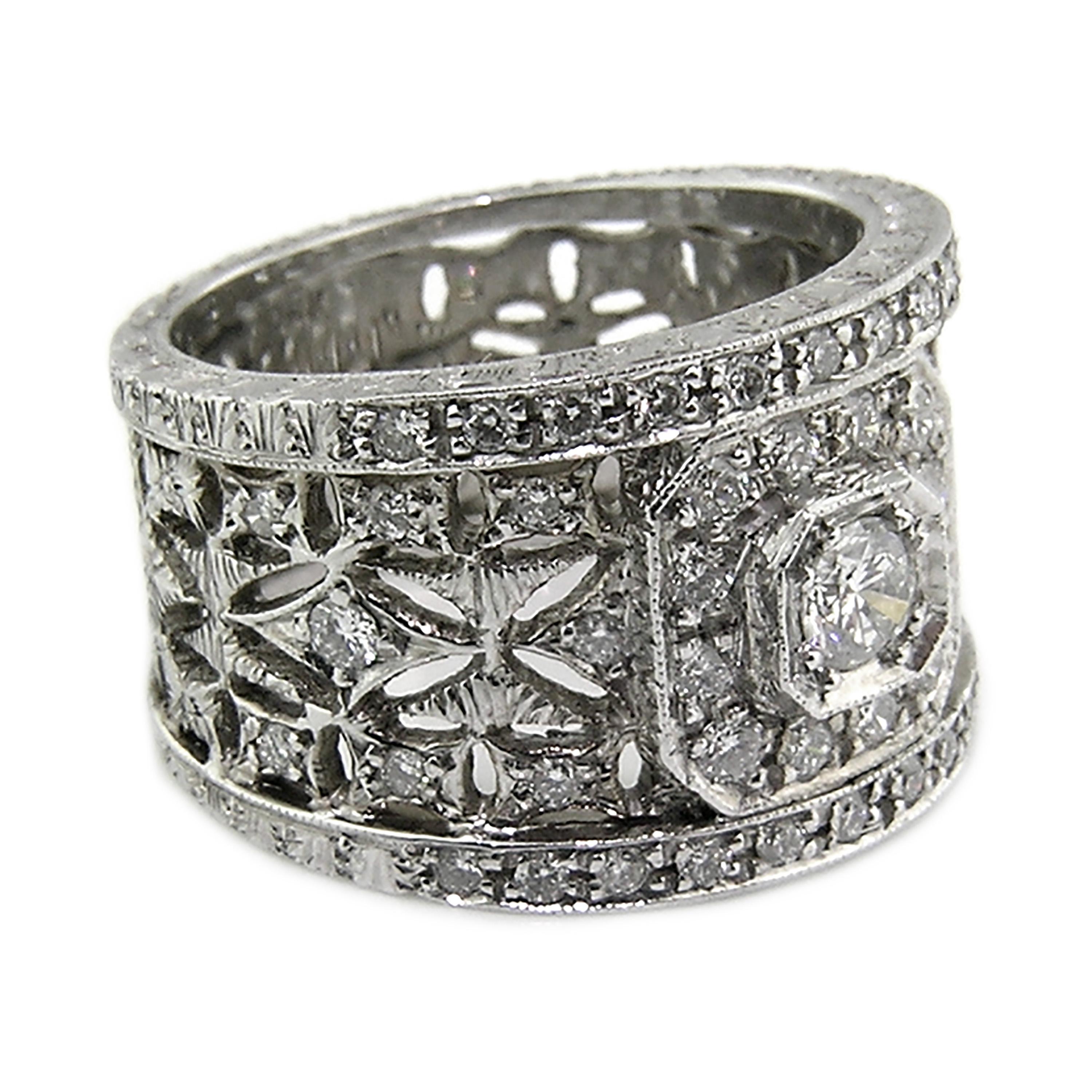 18kt Gold und 0.90ct Diamant Florentine Gravierter Ring, Handgemacht in Italien Damen im Angebot