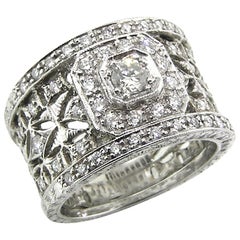 18kt Gold and 0.90ct Diamond Florentine Engraved Ring, Handmade in Italy