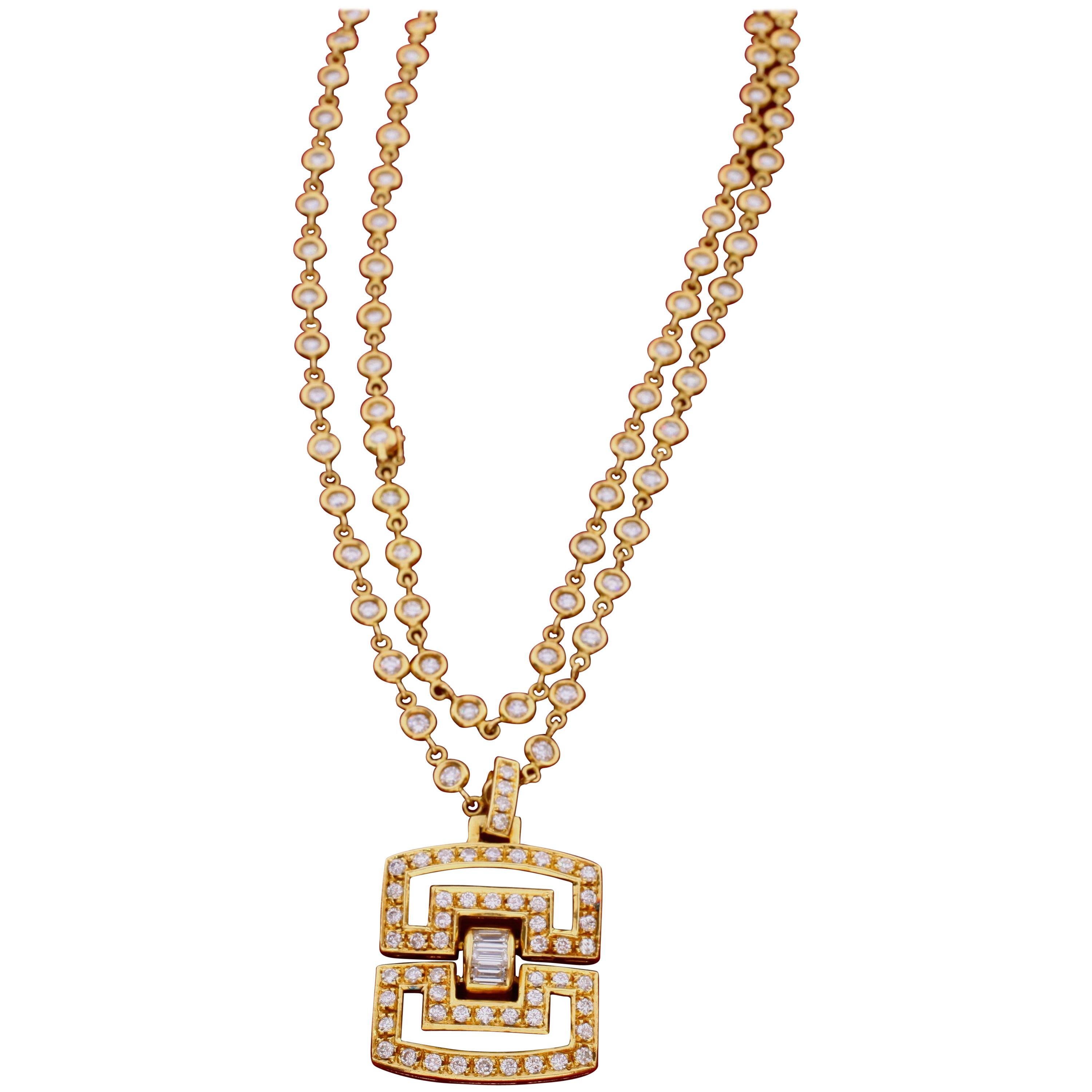 Diamond and 18 Karat Gold Long Chain and Pendant For Sale