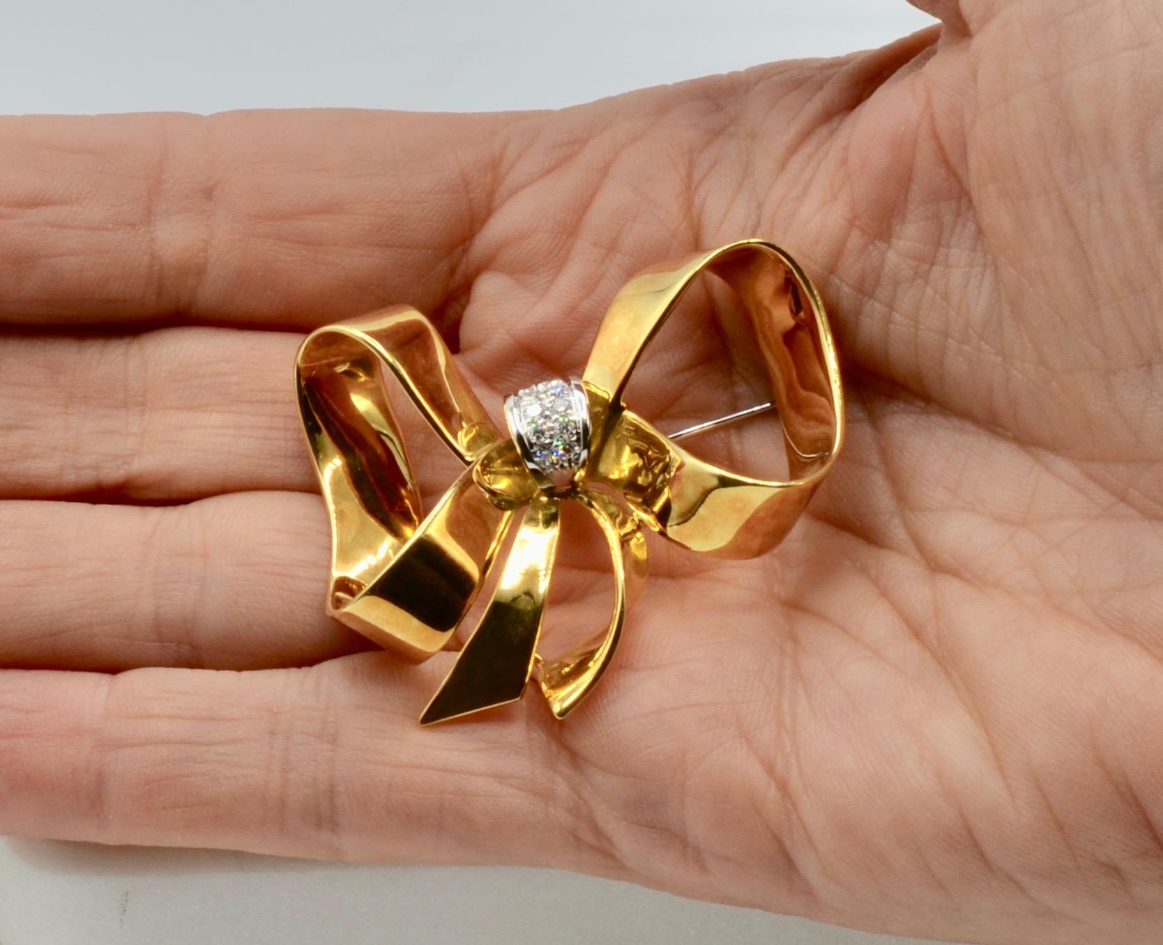 Modernist Diamond and 18 Karat Italian Ribbon Bow Brooch For Sale