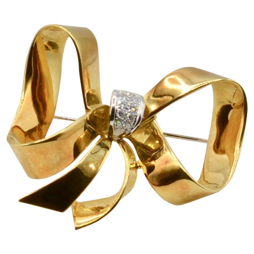 Diamond and 18 Karat Italian Ribbon Bow Brooch For Sale