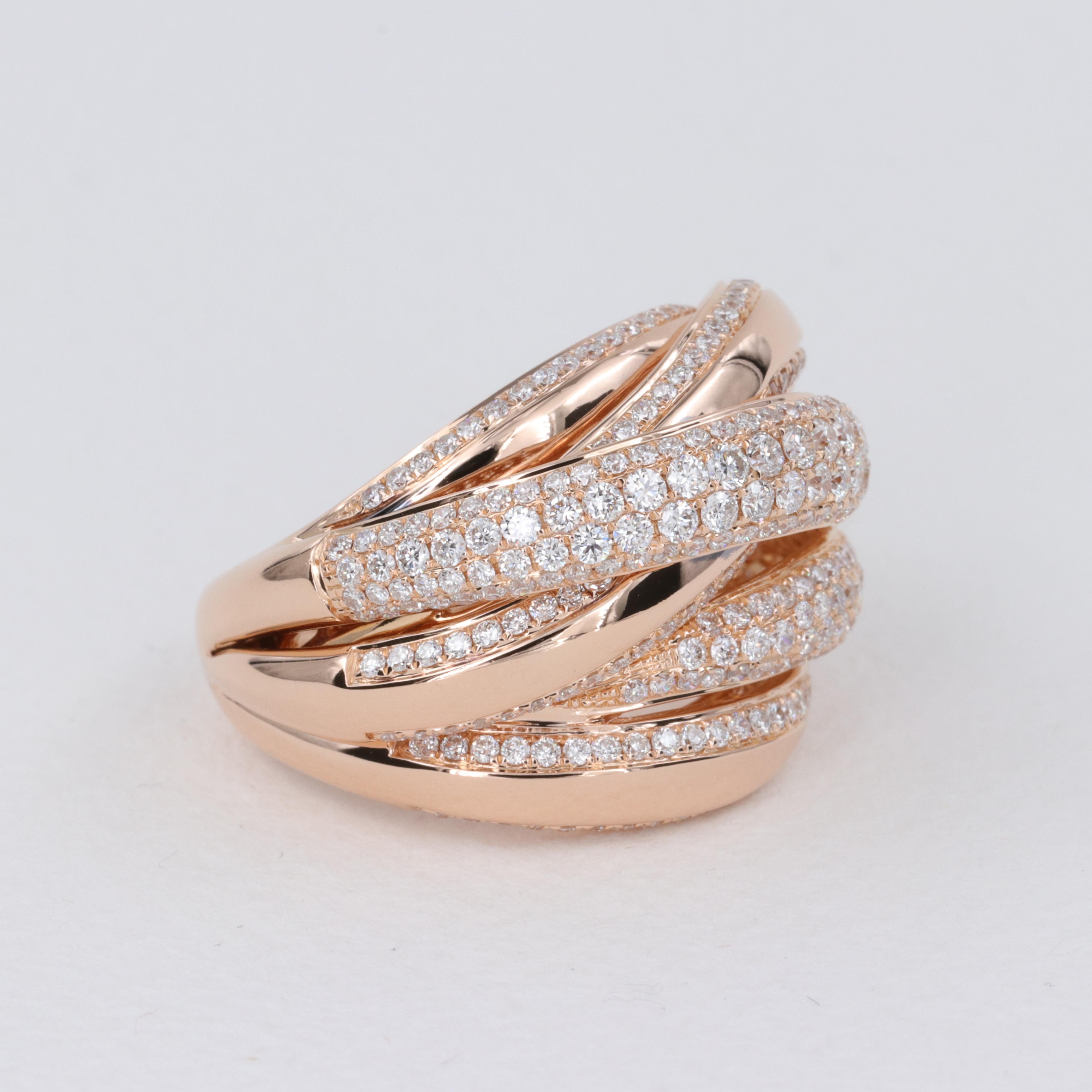 Women's or Men's Diamond and 18 Karat Rose Gold Crossover Band For Sale