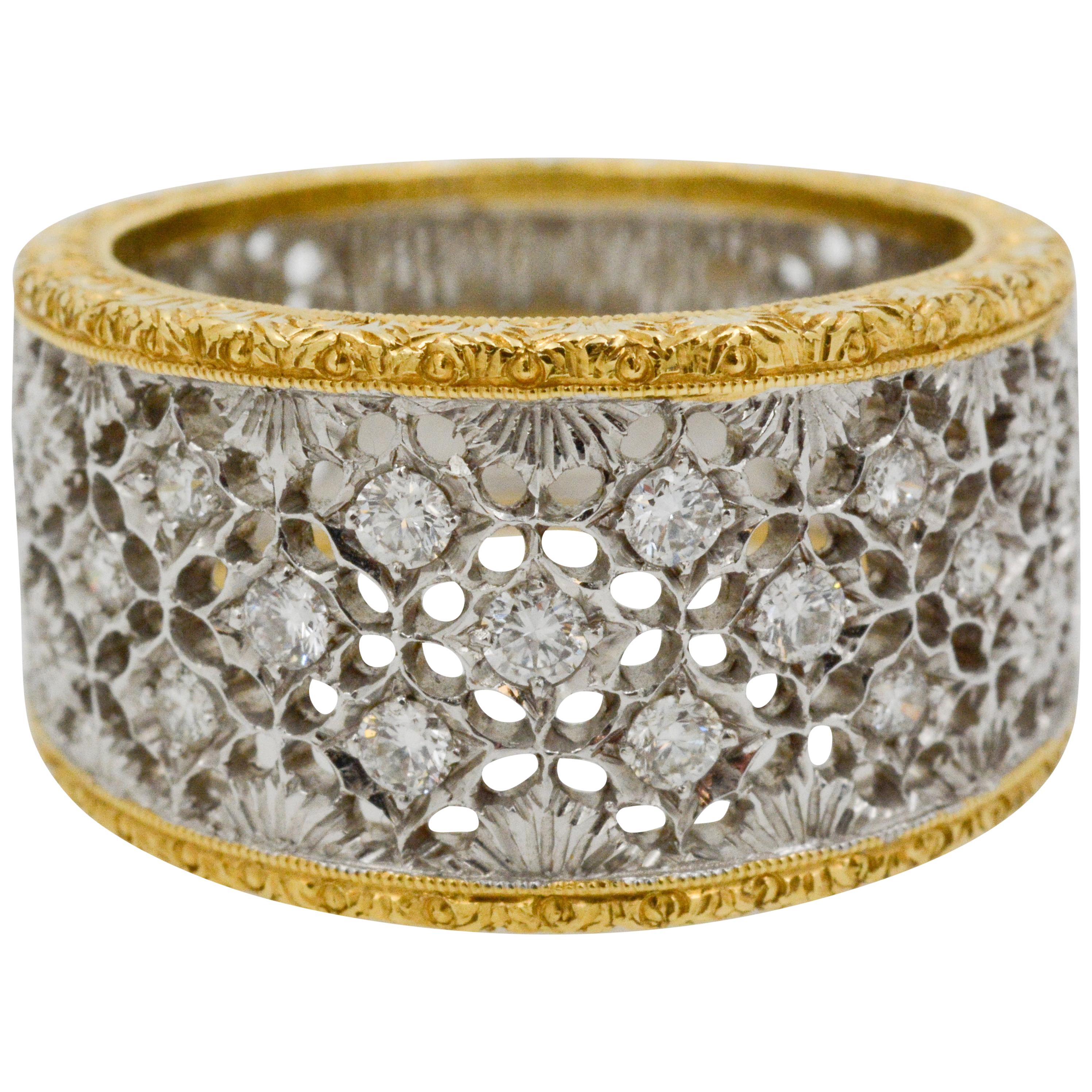 Diamond and 18 Karat White and Yellow Gold Filigree Etched Band