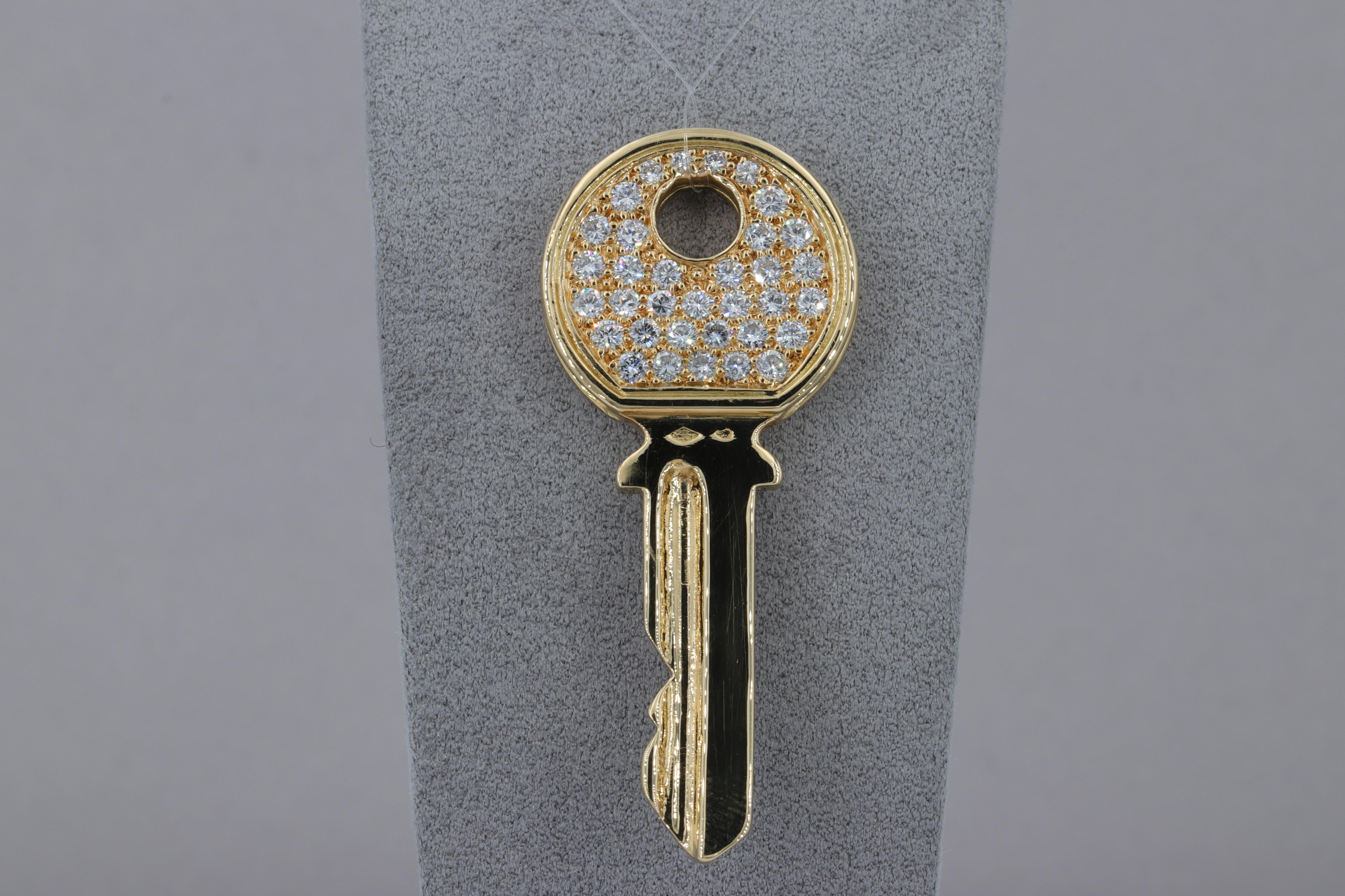Modern Diamond and 18 Karat Yellow Gold Key Pendant For Sale