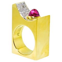 Diamond and 18K and Pink Tourmaline Modernistic Ring