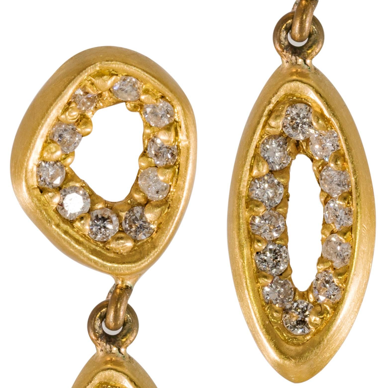 Diamond Earrings Drop 18K Yellow Gold Modern Organic In Excellent Condition For Sale In Berkeley, CA