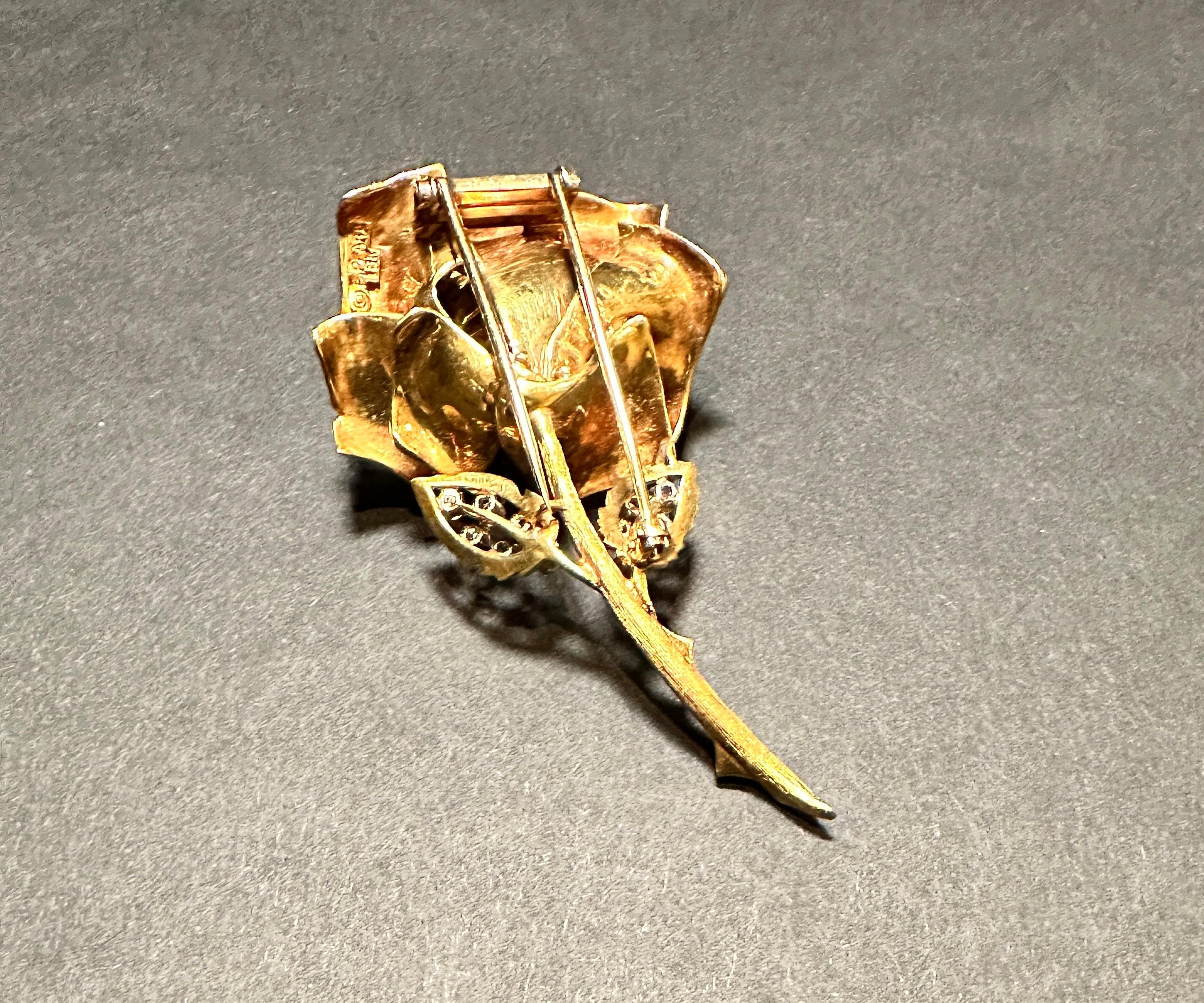 American Diamond And 18K Gold Rose Form Brooch Pin By Erwin Pearl For Sale