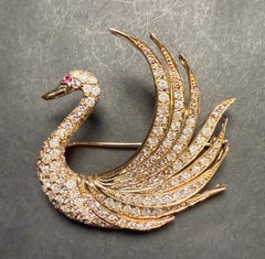 Diamond And 18K Gold Swan Form Pin Brooch