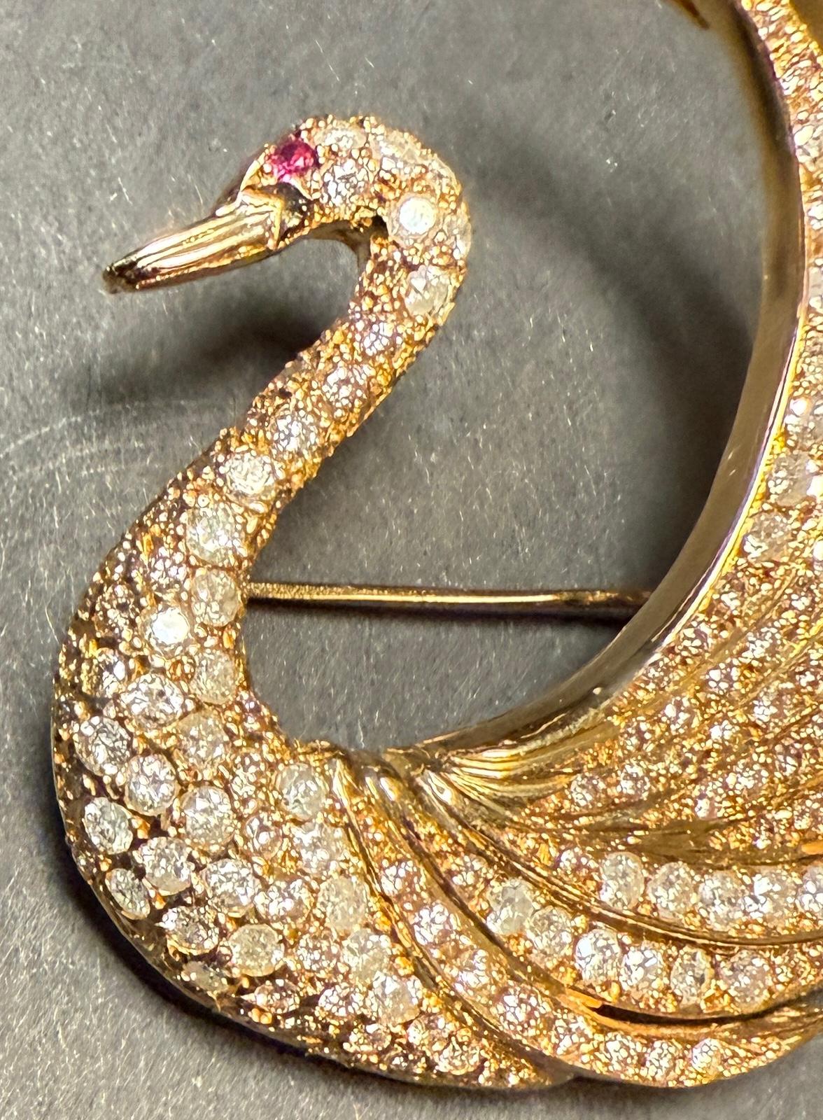 Italian Diamond And 18K Gold Swan Form Pin Brooch For Sale
