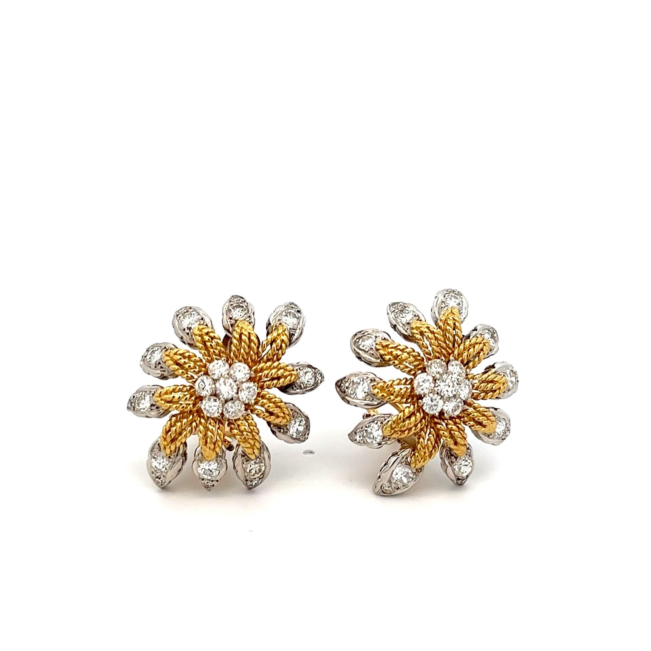 2.95cts Diamond and 18K Two Tone Gold Clip on Flower Design Earrings  In Excellent Condition For Sale In Aventura, FL
