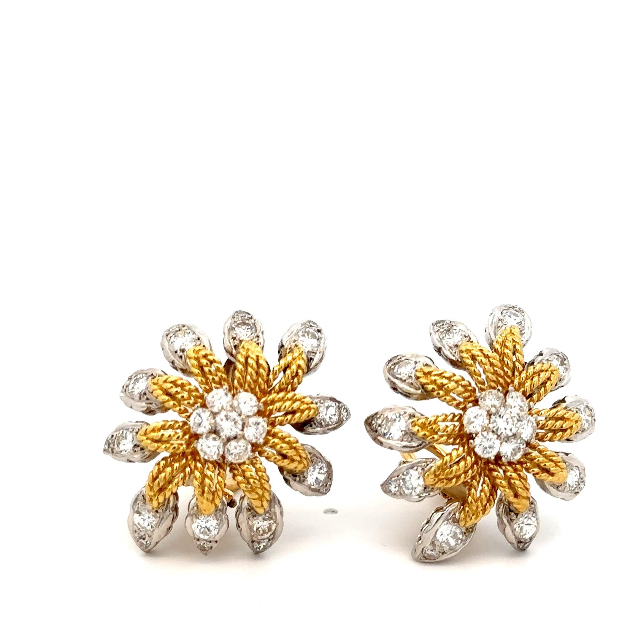 2.95cts Diamond and 18K Two Tone Gold Clip on Flower Design Earrings  For Sale 1