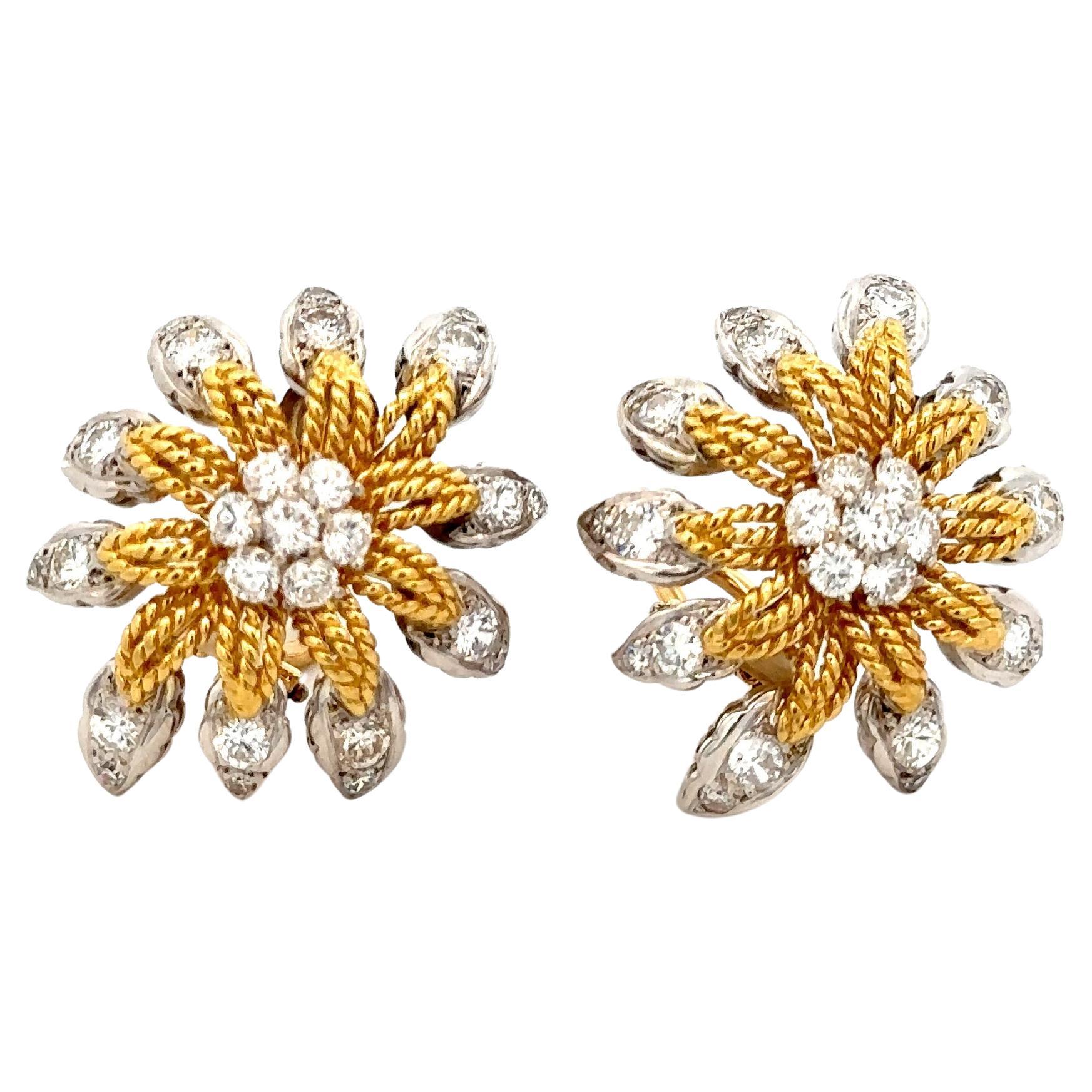 2.95cts Diamond and 18K Two Tone Gold Clip on Flower Design Earrings  For Sale