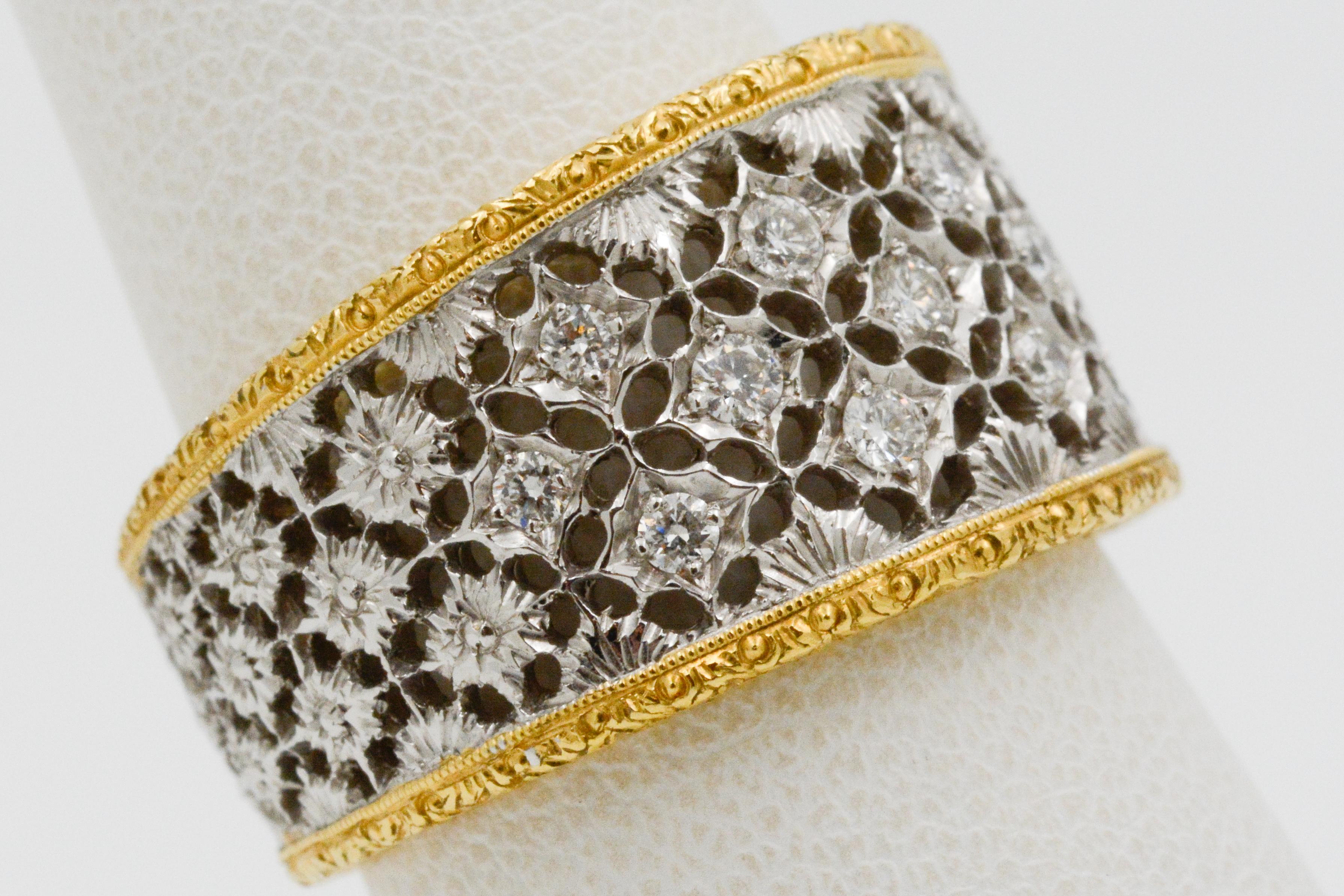 Diamond and 18 Karat White and Yellow Gold Filigree Etched Band 1