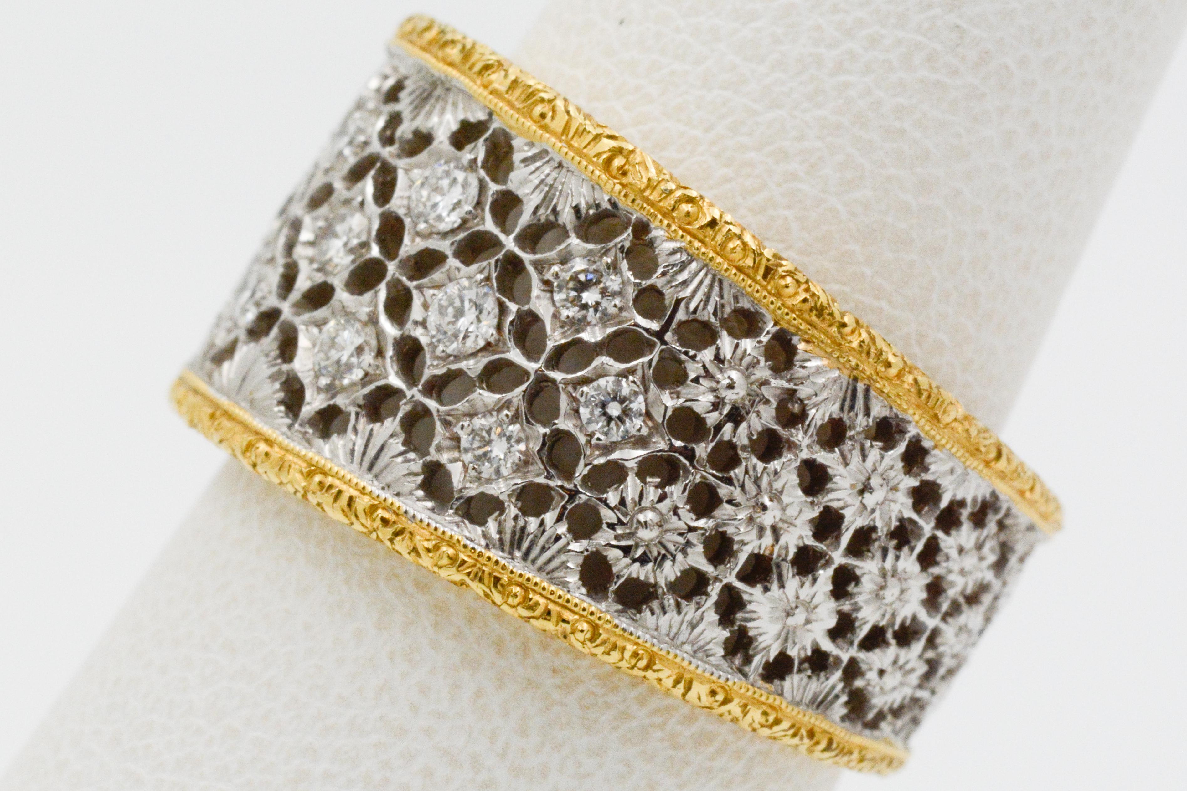 Diamond and 18 Karat White and Yellow Gold Filigree Etched Band In Good Condition In Dallas, TX