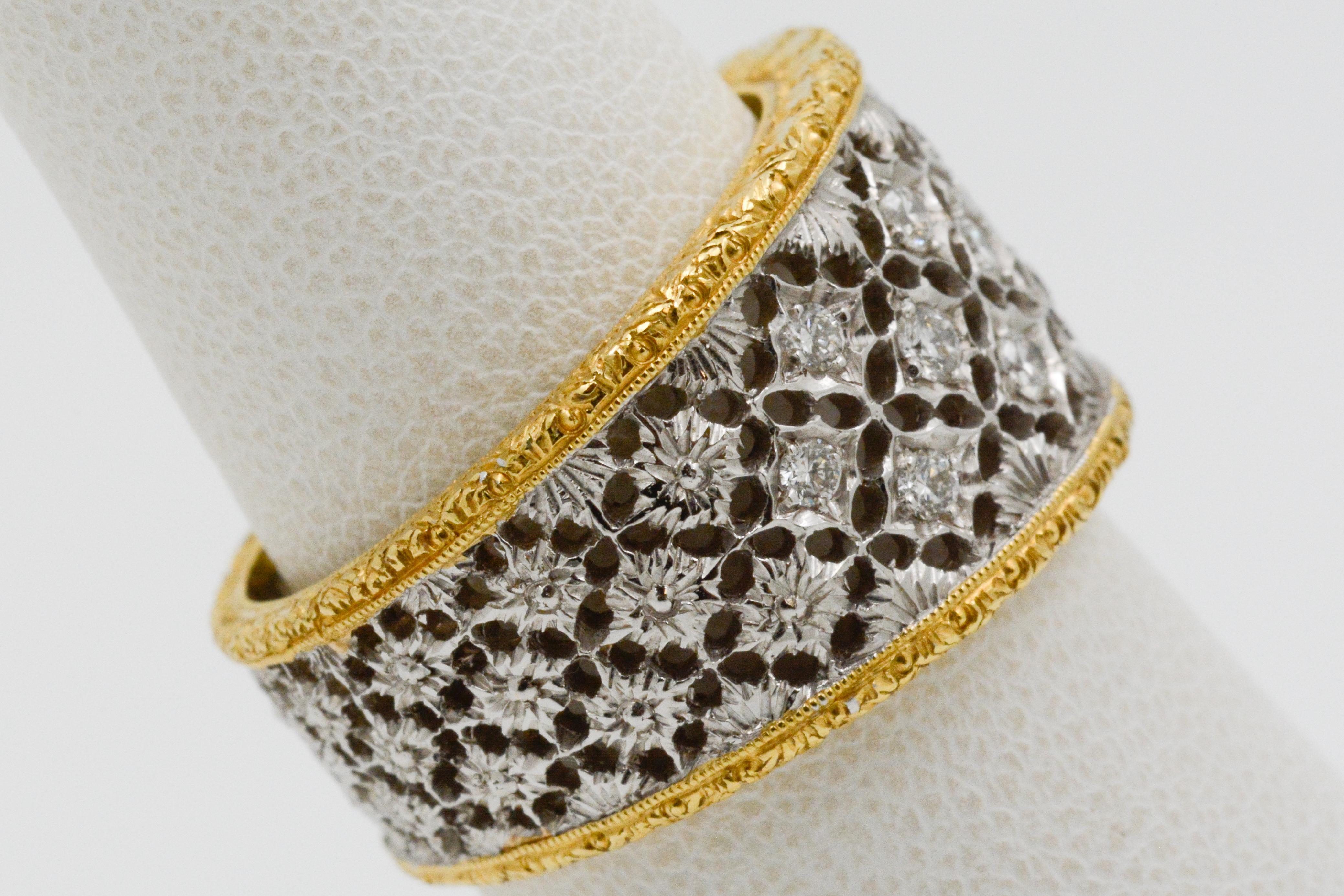 Women's Diamond and 18 Karat White and Yellow Gold Filigree Etched Band