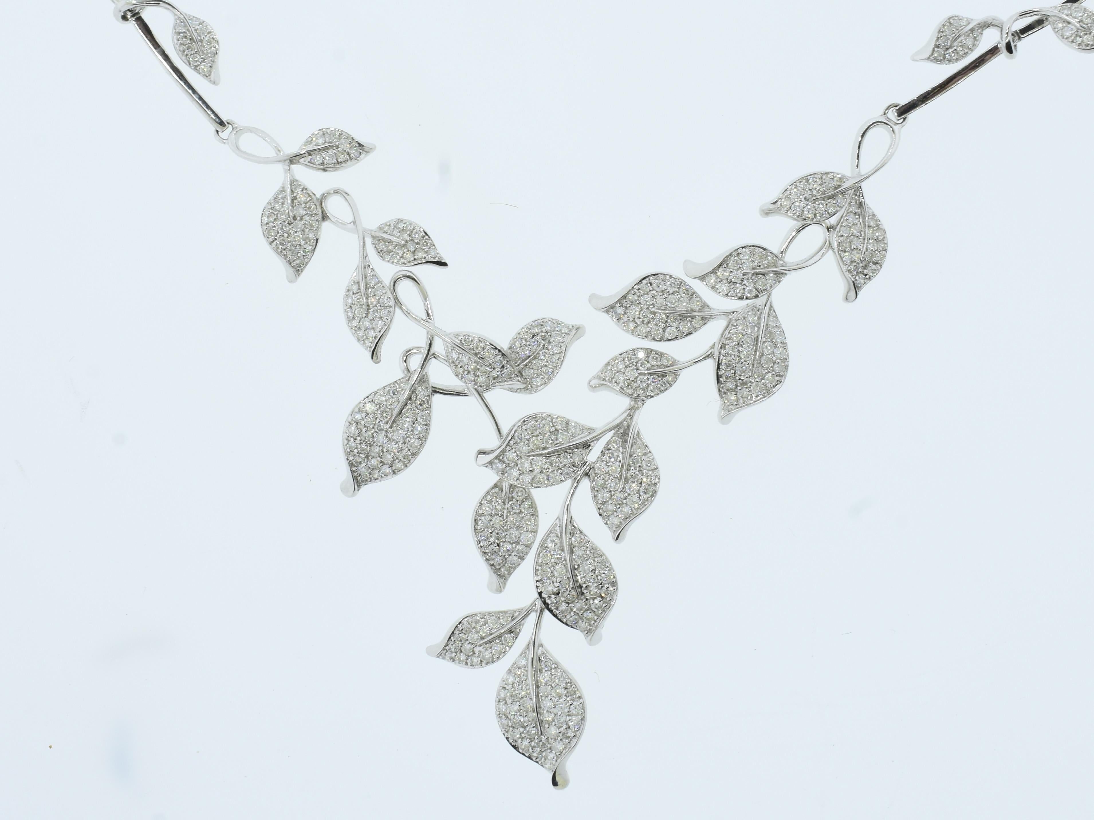 Brilliant Cut Diamond and 18K White Gold Contemporary Necklace of Stylized Foliage. For Sale