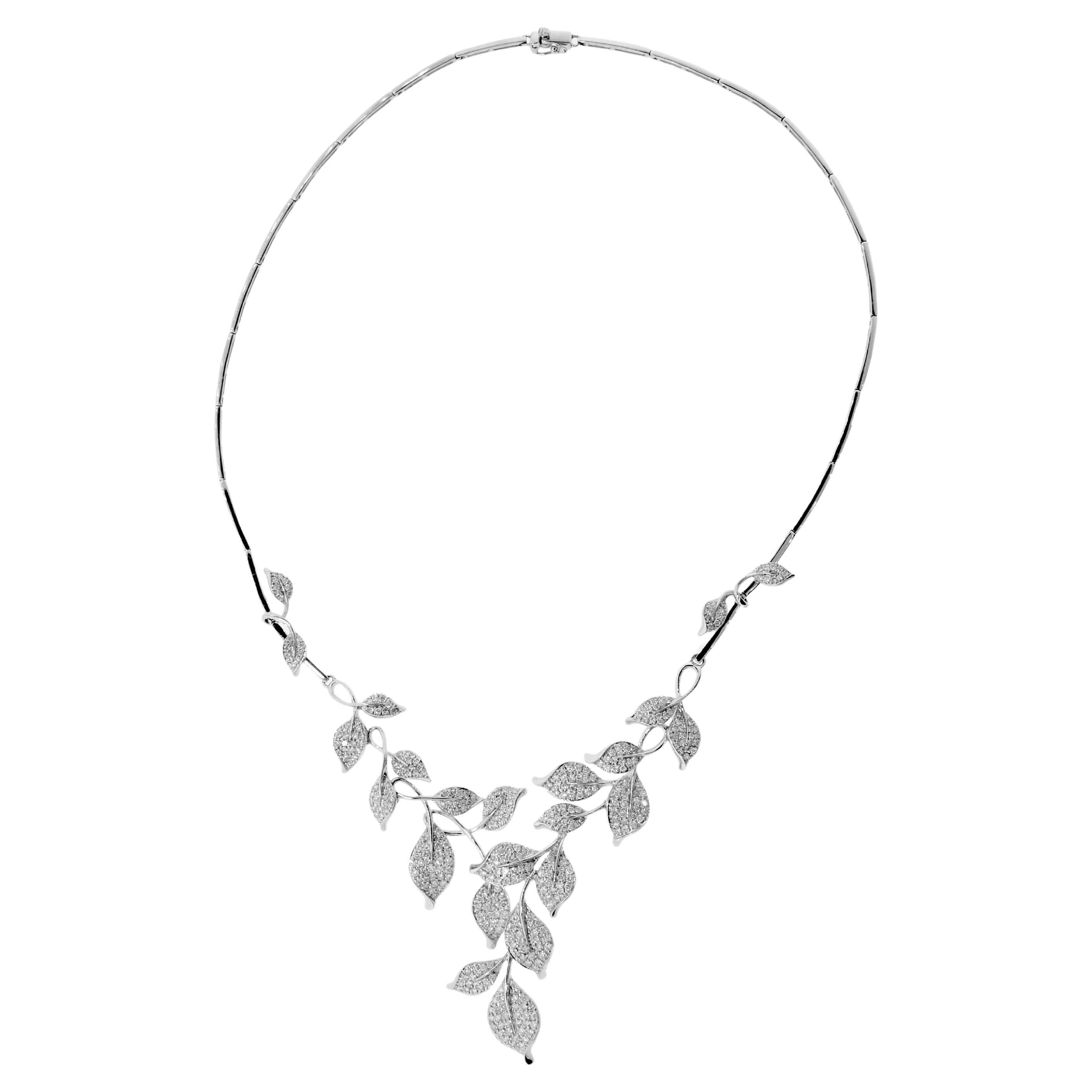 Diamond and 18K White Gold Contemporary Necklace of Stylized Foliage. For Sale