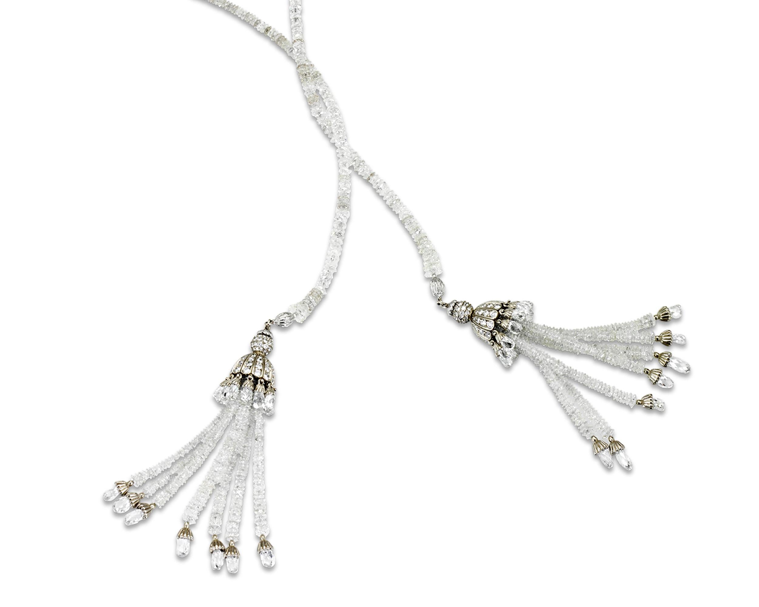 Modern Diamond and 18 Karat White Gold Double-Tassel Necklace