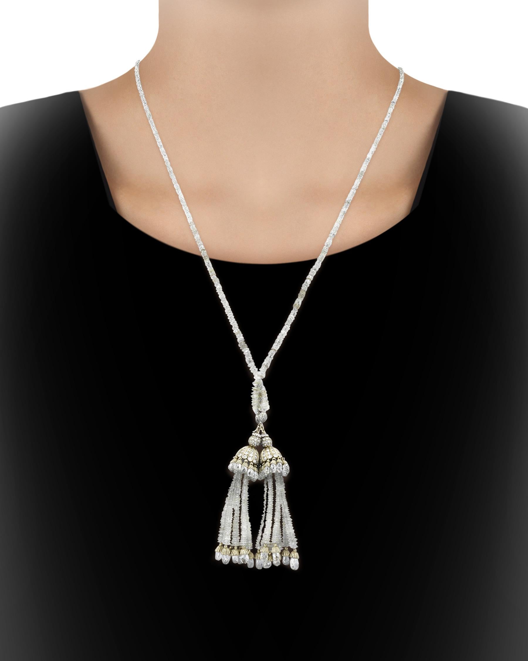 Diamond and 18 Karat White Gold Double-Tassel Necklace In Excellent Condition In New Orleans, LA