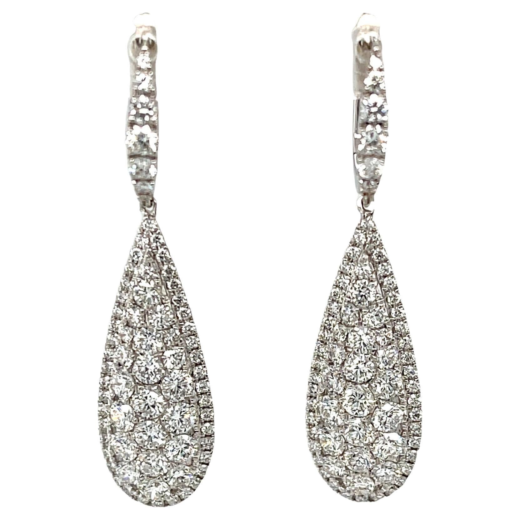 Diamond and 18k White Gold Teardrop Dangle Earrings, 3.15 Carats Total For Sale
