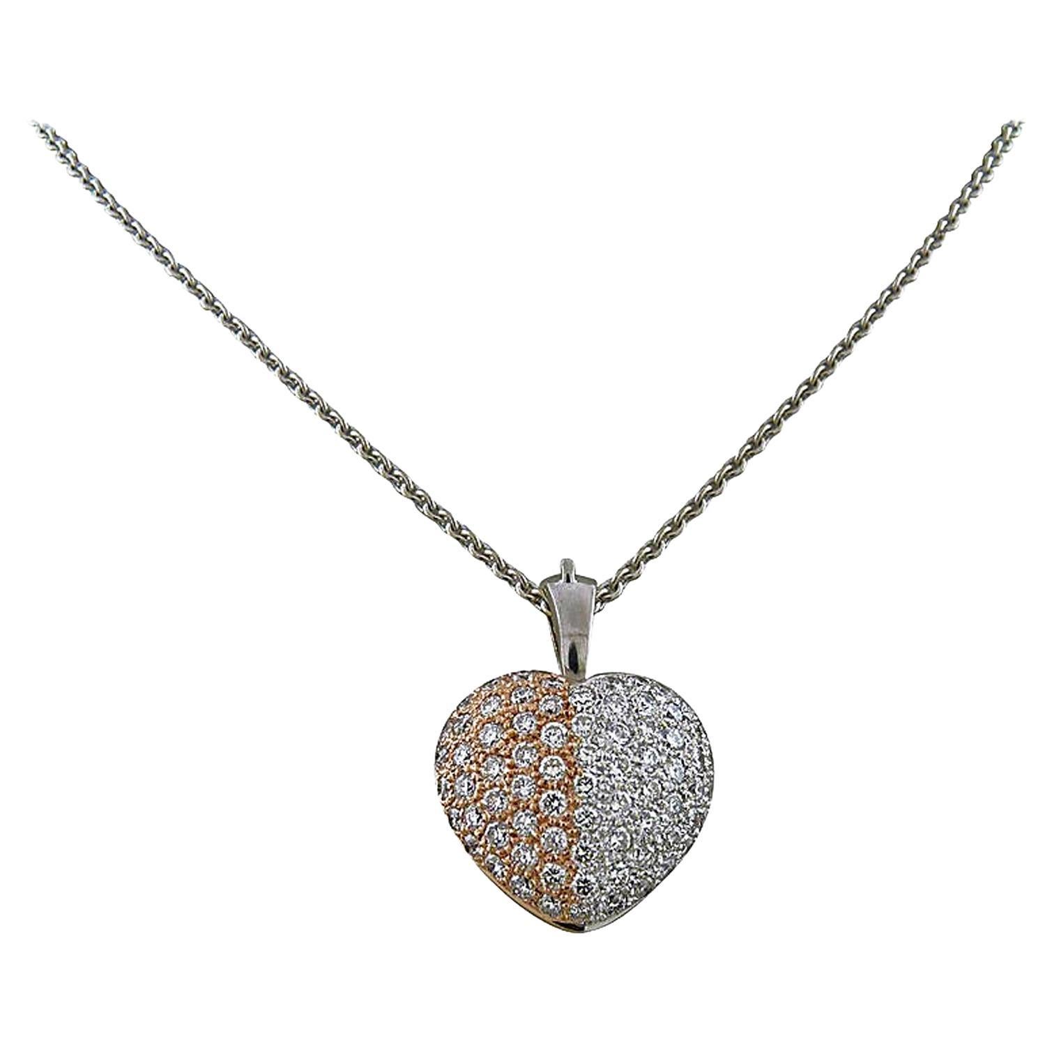 Diamond and 18K White & Rose Gold Heart Shape Pendant with a Chain For Sale