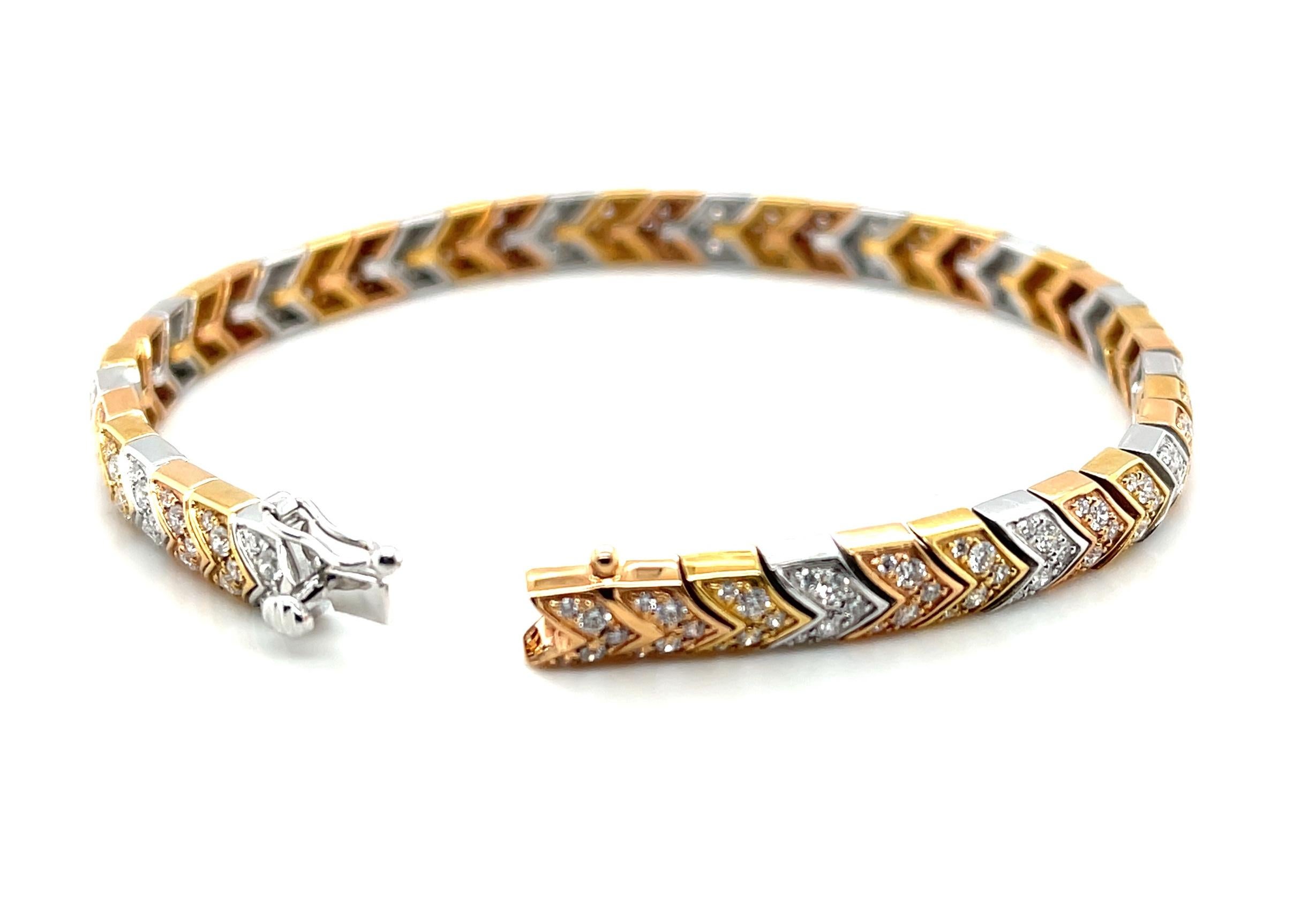 Artisan Diamond and 18k White, Yellow and Rose Gold Bracelet, 2.43 Carats Total For Sale