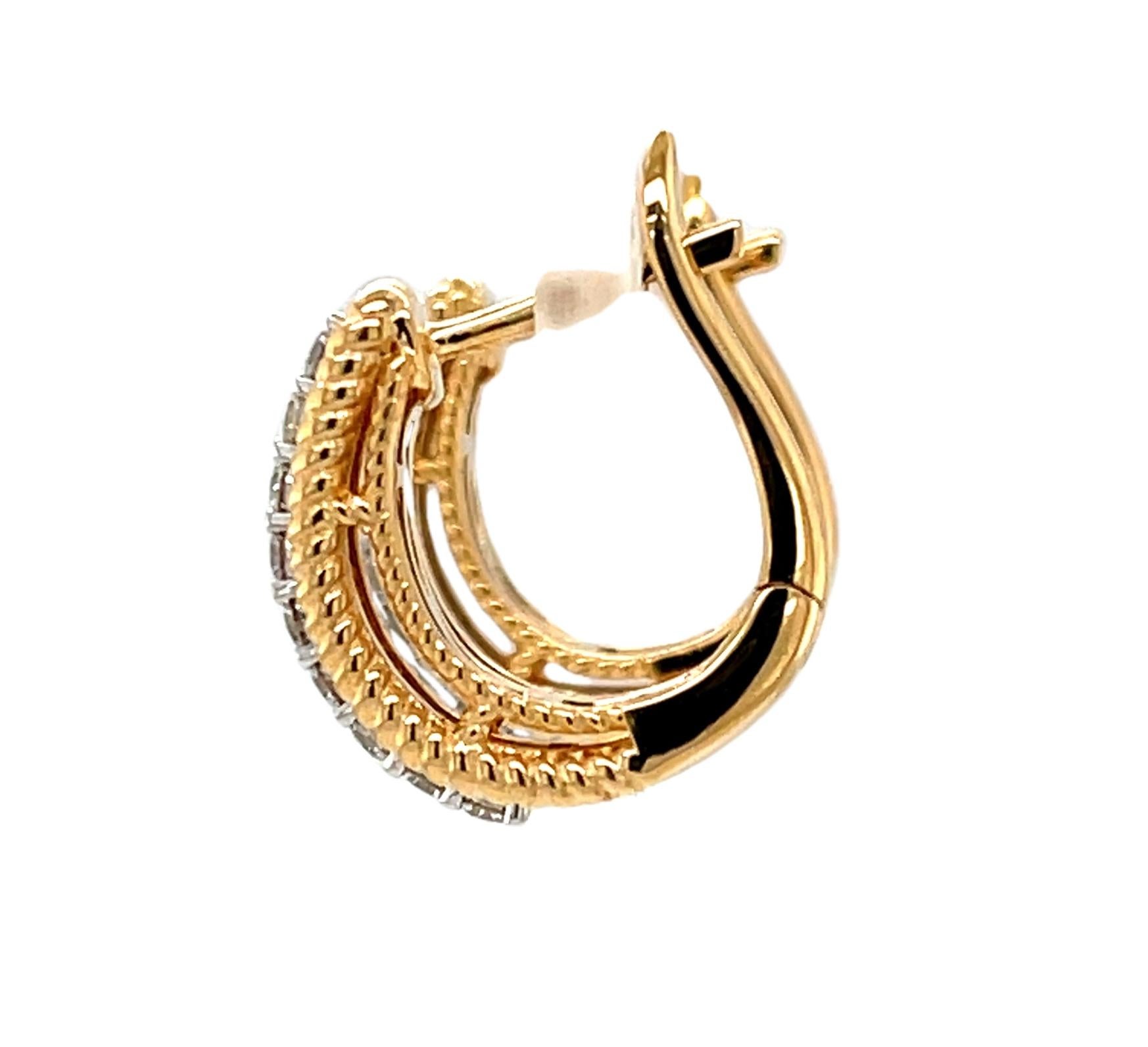Artisan Diamond and 18k Yellow and White Gold Hoop Earrings with Hinged Backs For Sale
