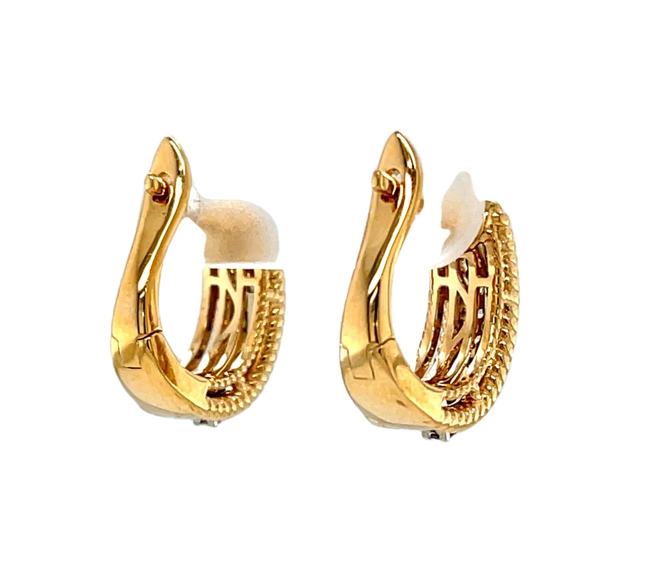 Brilliant Cut Diamond and 18k Yellow and White Gold Hoop Earrings with Hinged Backs For Sale