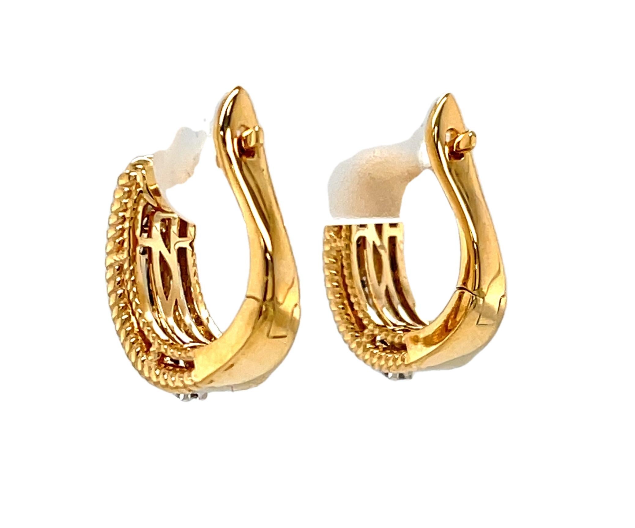 Diamond and 18k Yellow and White Gold Hoop Earrings with Hinged Backs For Sale 2