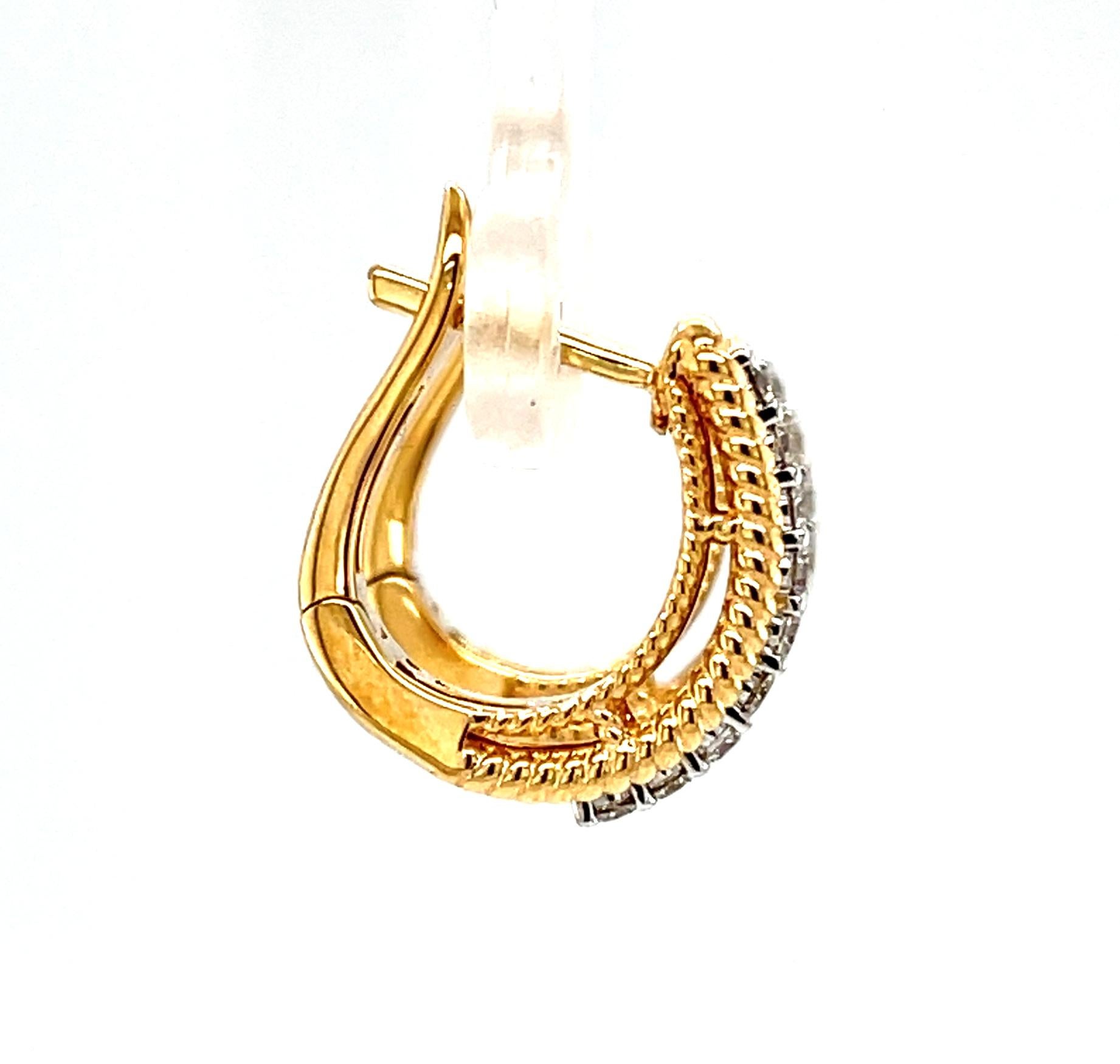 Diamond and 18k Yellow and White Gold Hoop Earrings with Hinged Backs For Sale 3