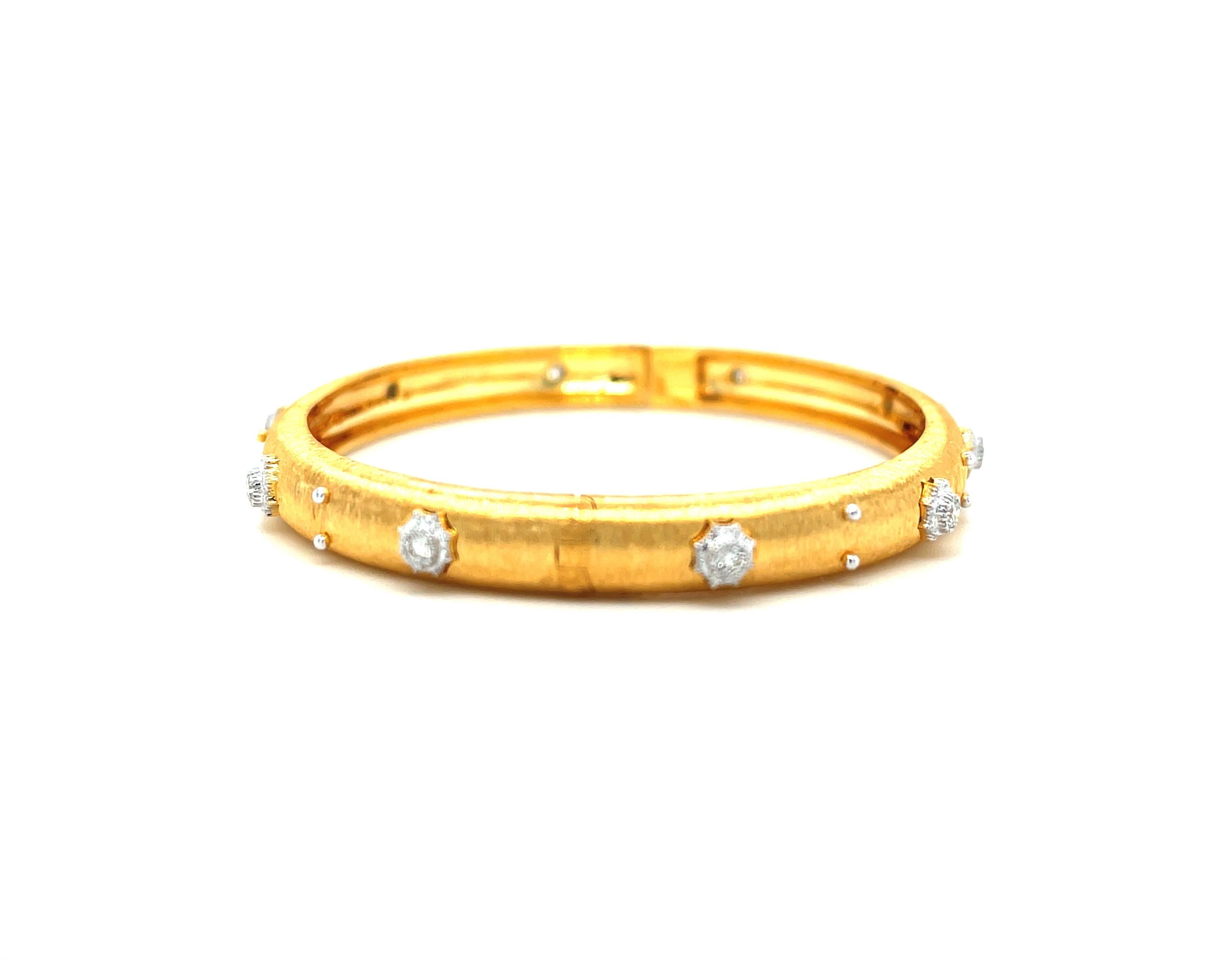 Artisan Diamond and 18k Yellow and White Gold Satin Finish Bangle Bracelet 