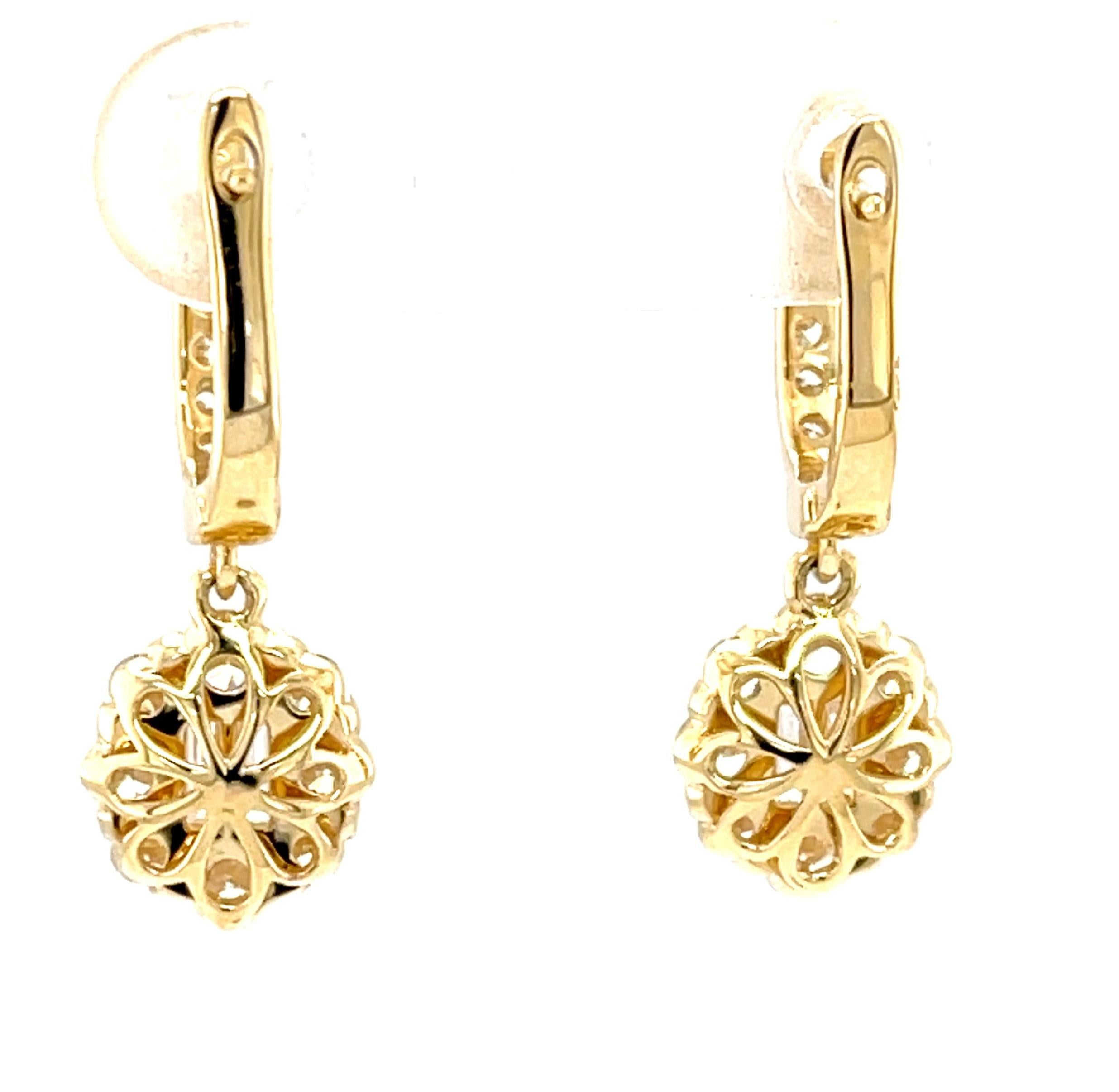 Artisan Diamond and 18k Yellow Gold Dangle Earrings with Hinged Hoops For Sale
