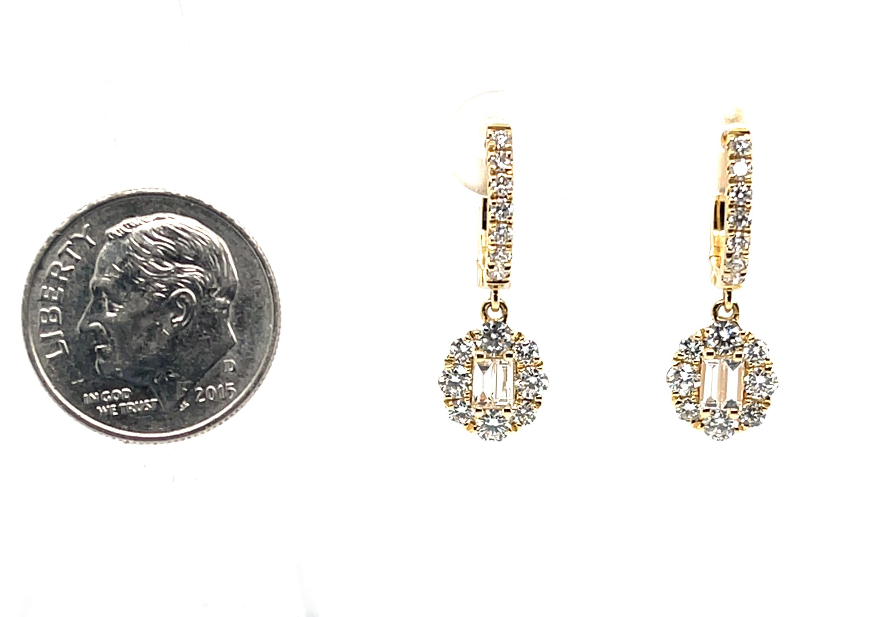 Round Cut Diamond and 18k Yellow Gold Dangle Earrings with Hinged Hoops For Sale