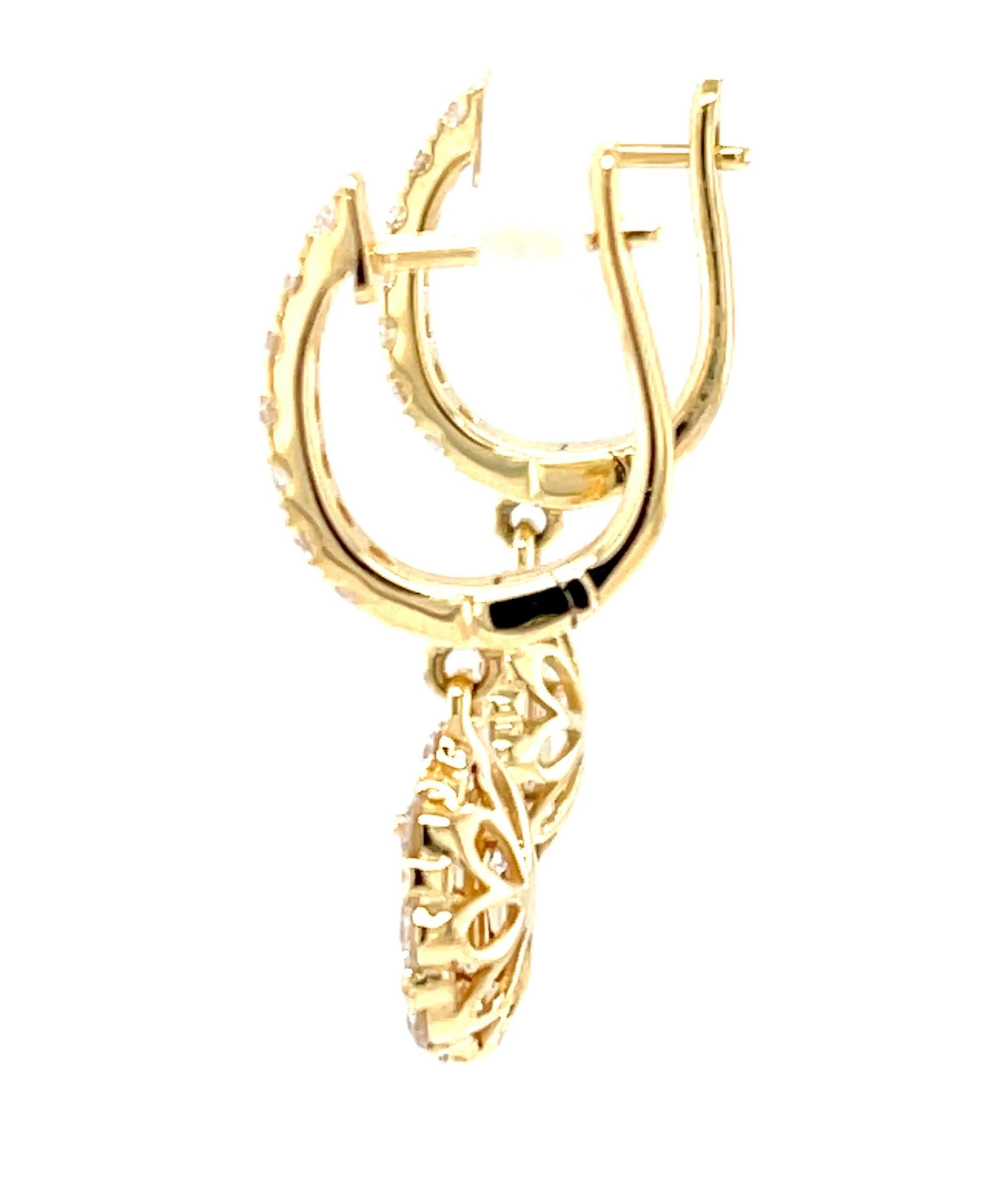 Diamond and 18k Yellow Gold Dangle Earrings with Hinged Hoops For Sale 2