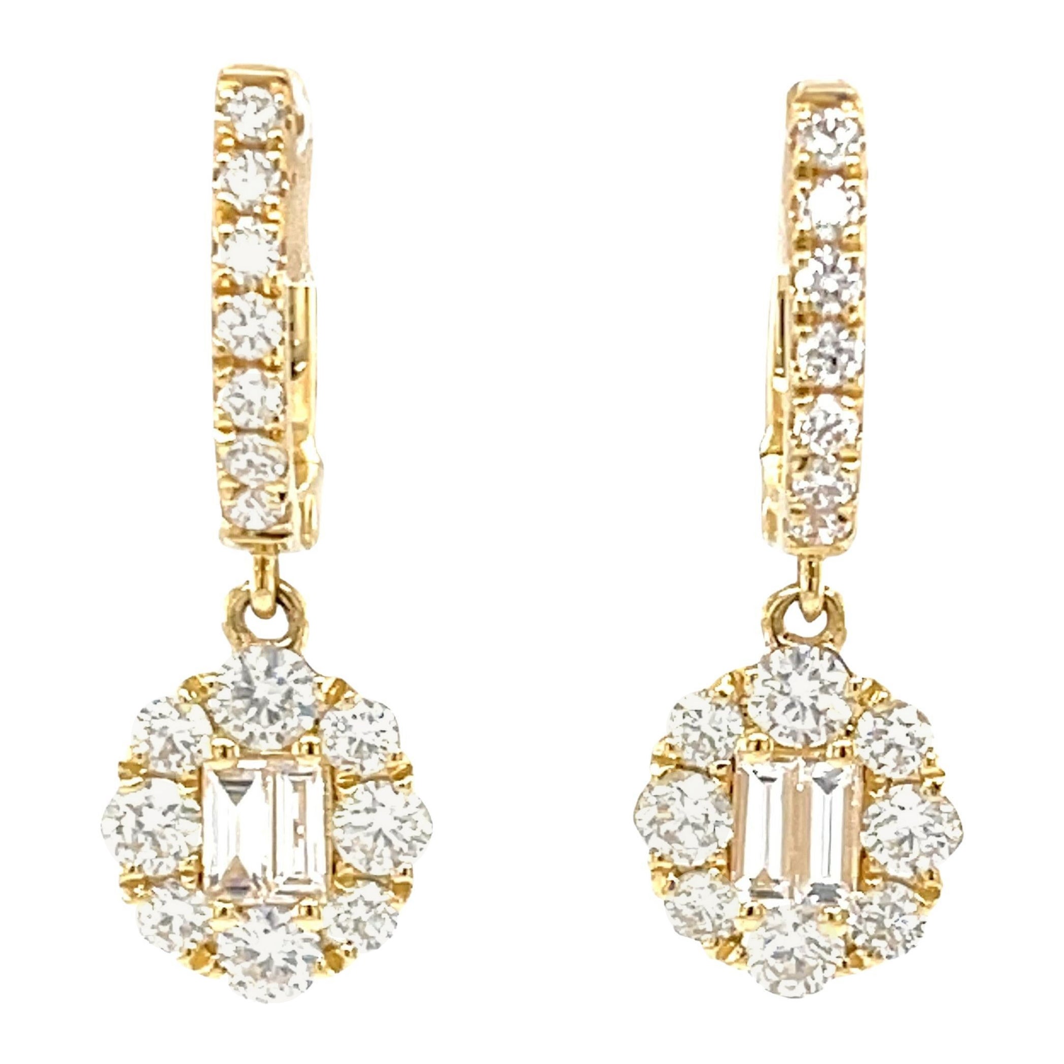 Diamond and 18k Yellow Gold Dangle Earrings with Hinged Hoops For Sale