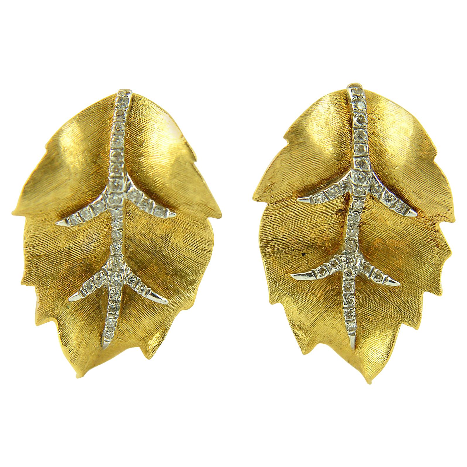 Diamond and 18k Yellow Gold Leaf Earrings