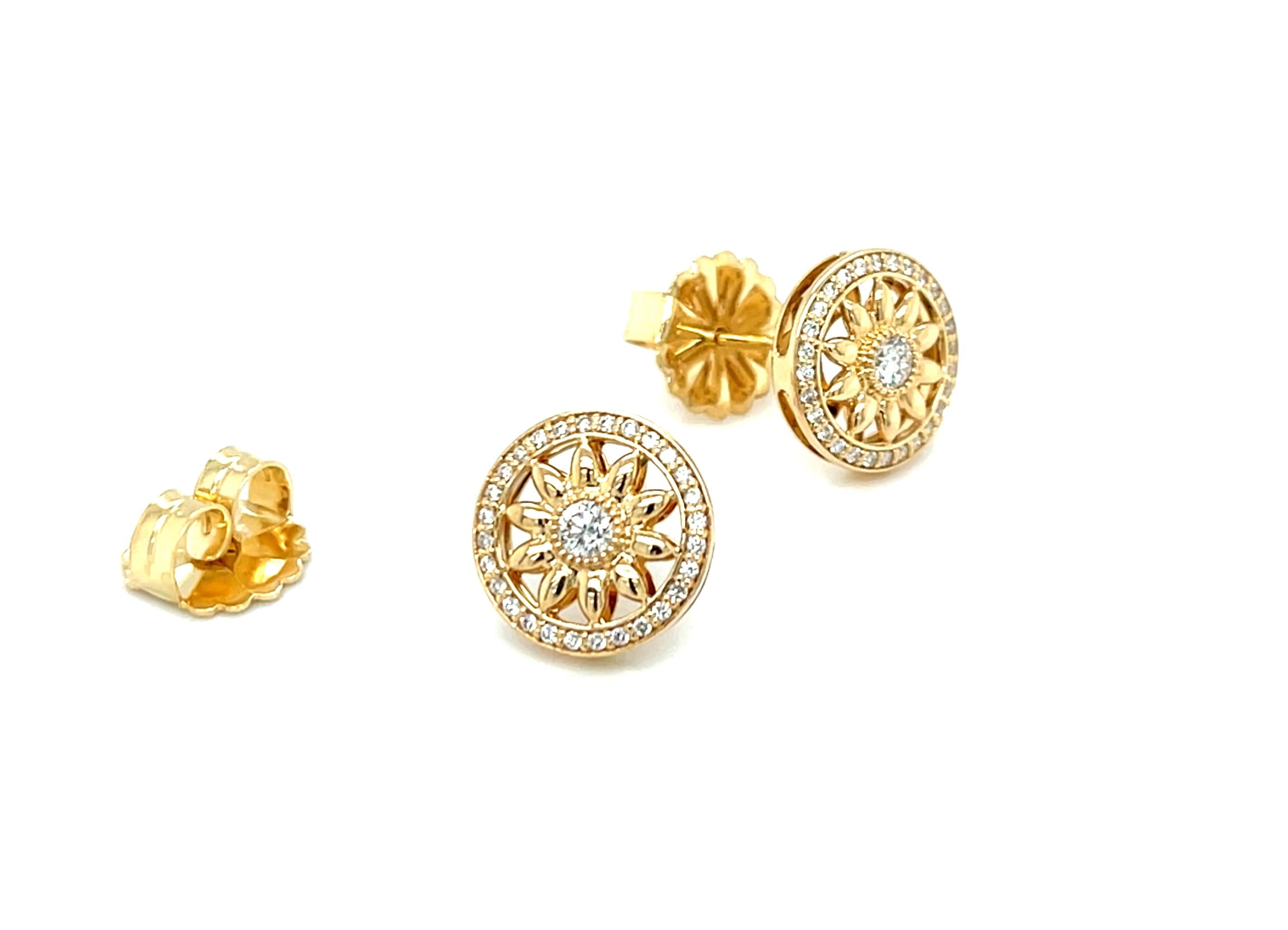 Artigiano Orecchini con diamante e girasole in oro giallo 18k, 0,41 carati totali in vendita