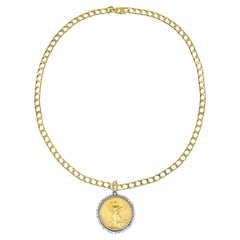 Diamond and $20 US Coin and diamond pendant with 18k yellow gold chain.
