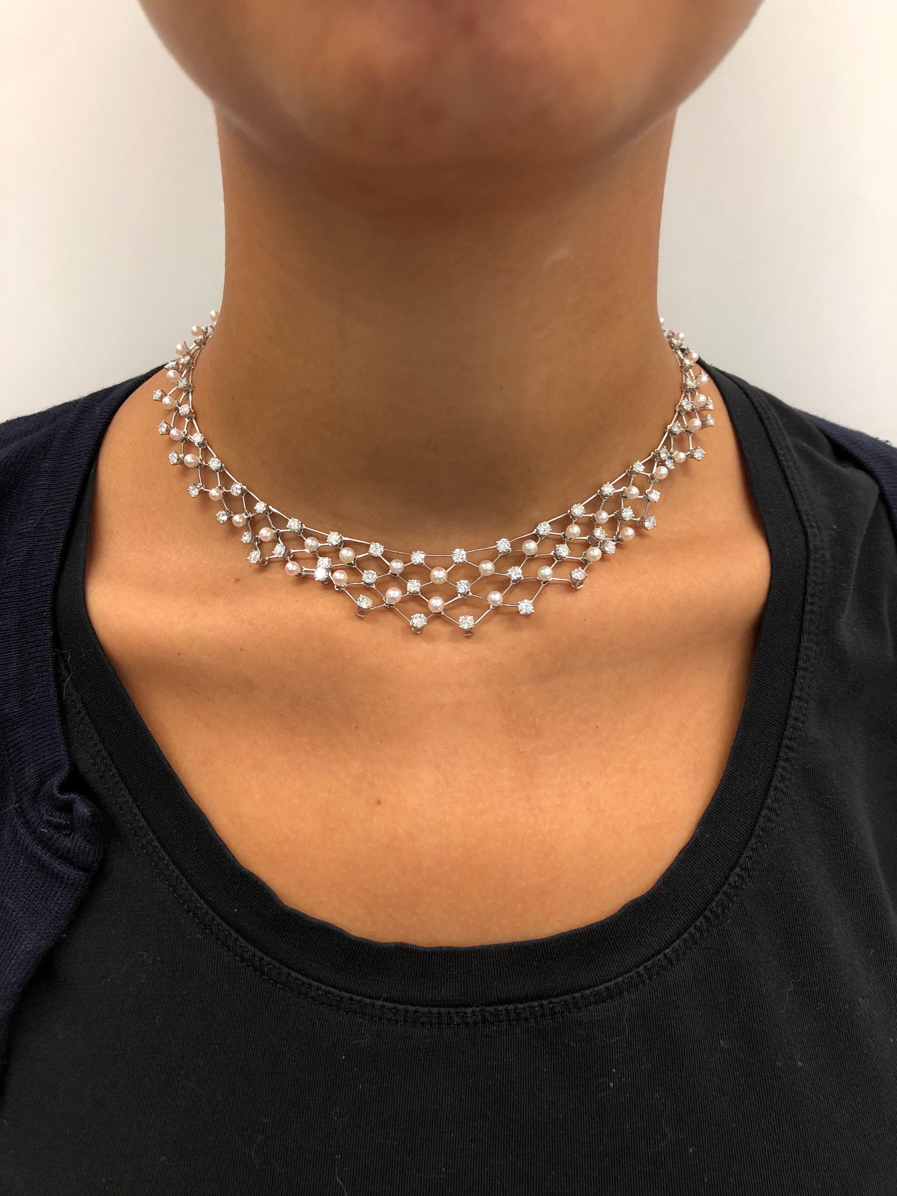 Diamond and Akoya Cultured Pearls Necklace in 950 Platinum For Sale 4
