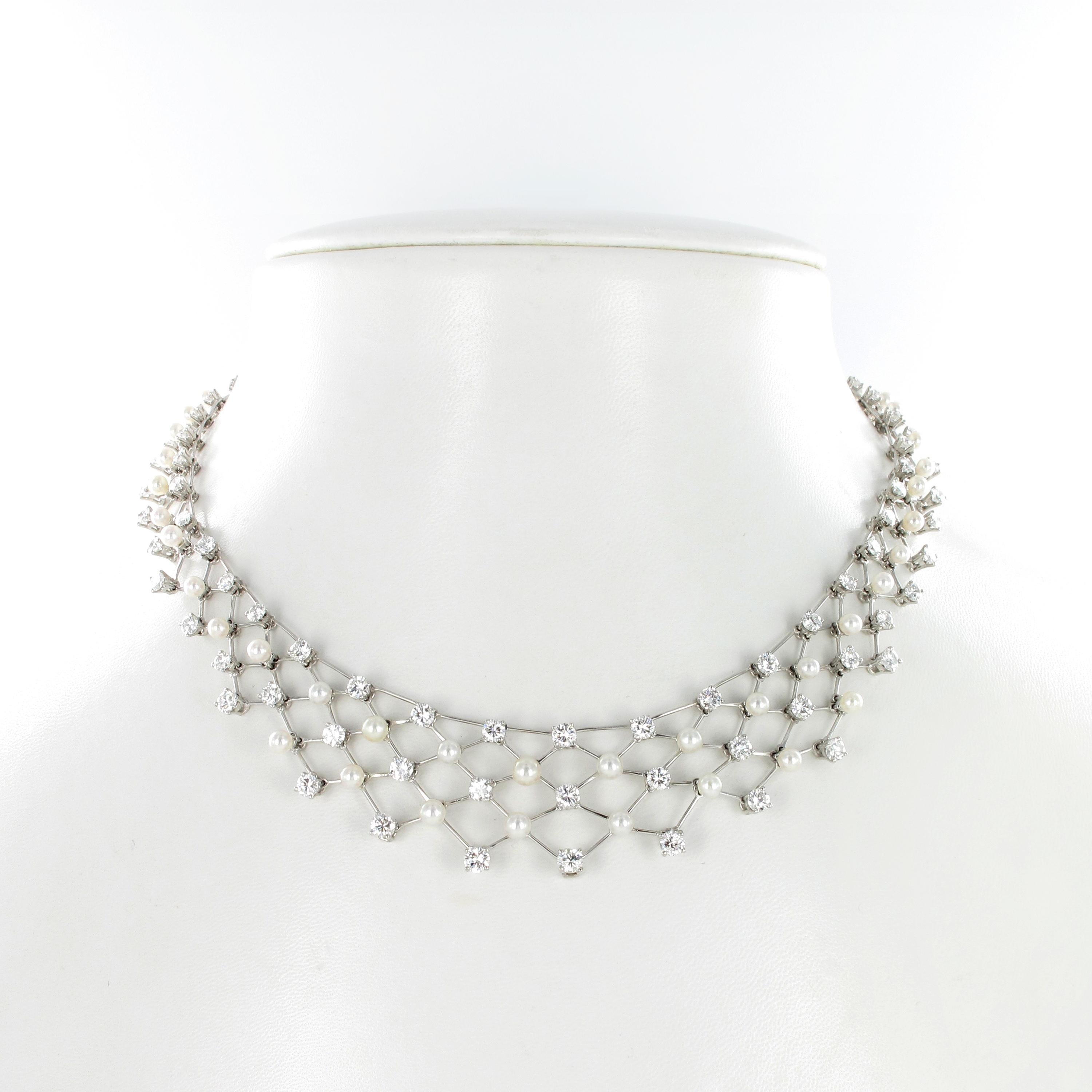 Contemporary Diamond and Akoya Cultured Pearls Necklace in 950 Platinum For Sale
